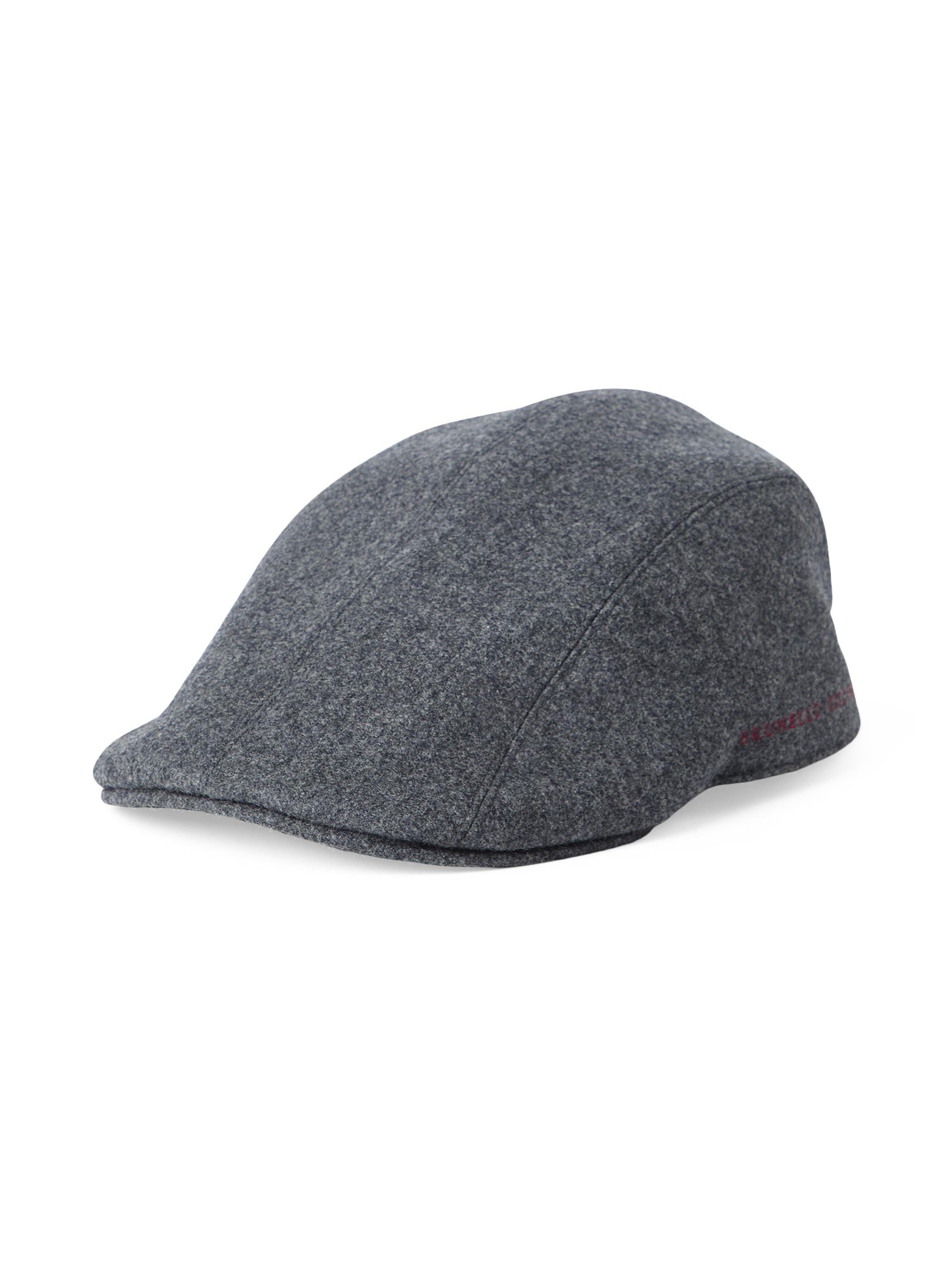 Brunello Cucinelli Men's Virgin Wool Flannel Flat Cap with Embroidered Logo - Dark Grey