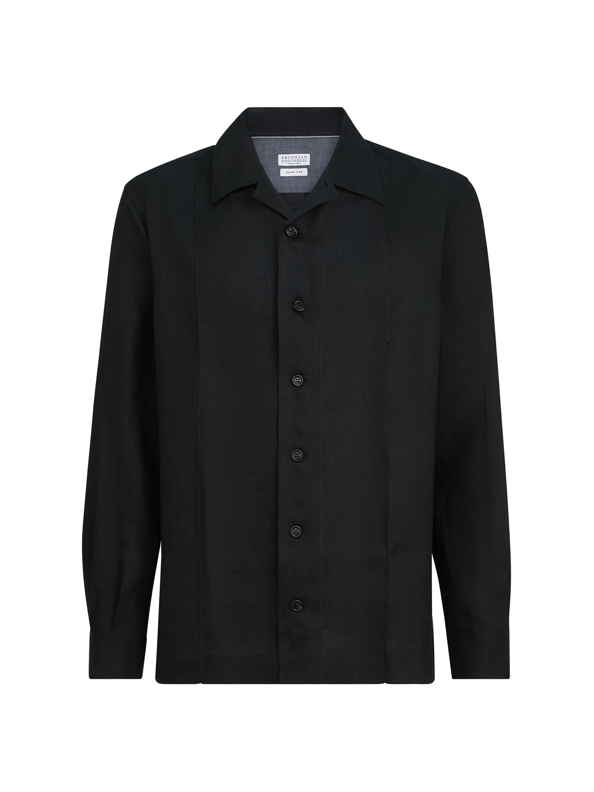 Brunello Cucinelli Men's Linen Easy Fit Shirt with Crête Details - Black