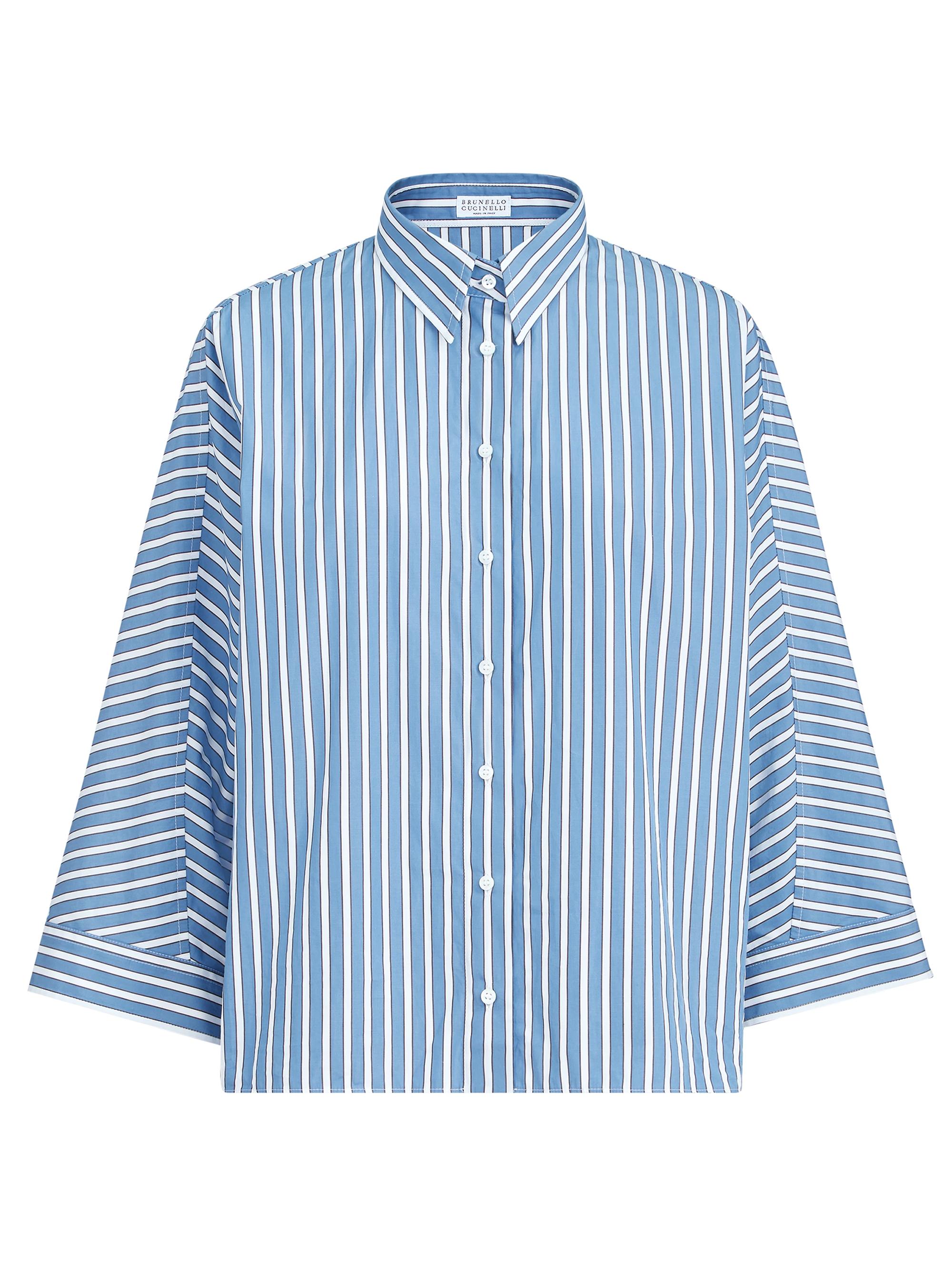Brunello Cucinelli Women's Cotton Shadow Stripe Poplin Shirt with Monili - Azure