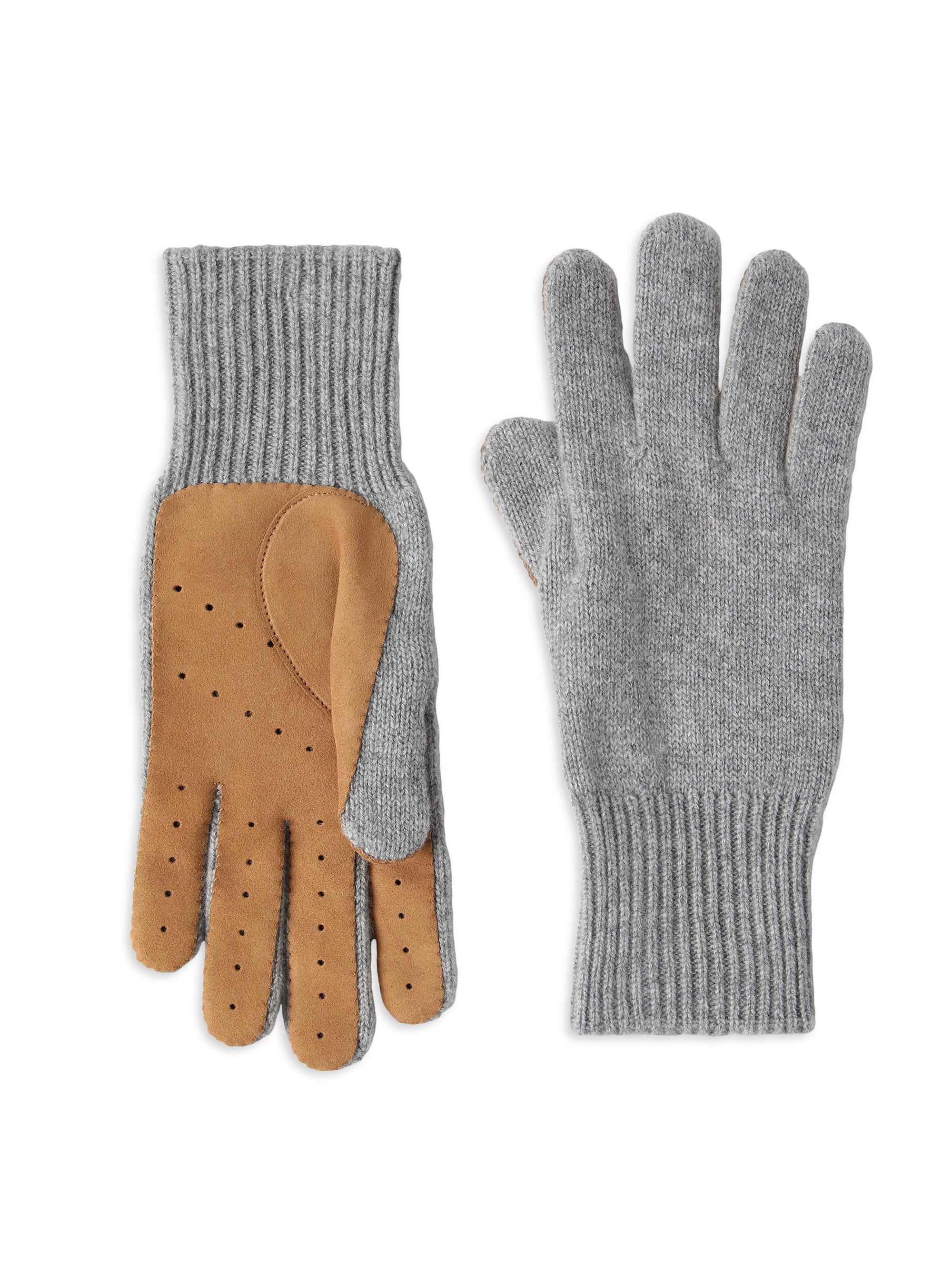 Brunello Cucinelli Men's Cashmere Knit Gloves with Suede Palm - Light Grey