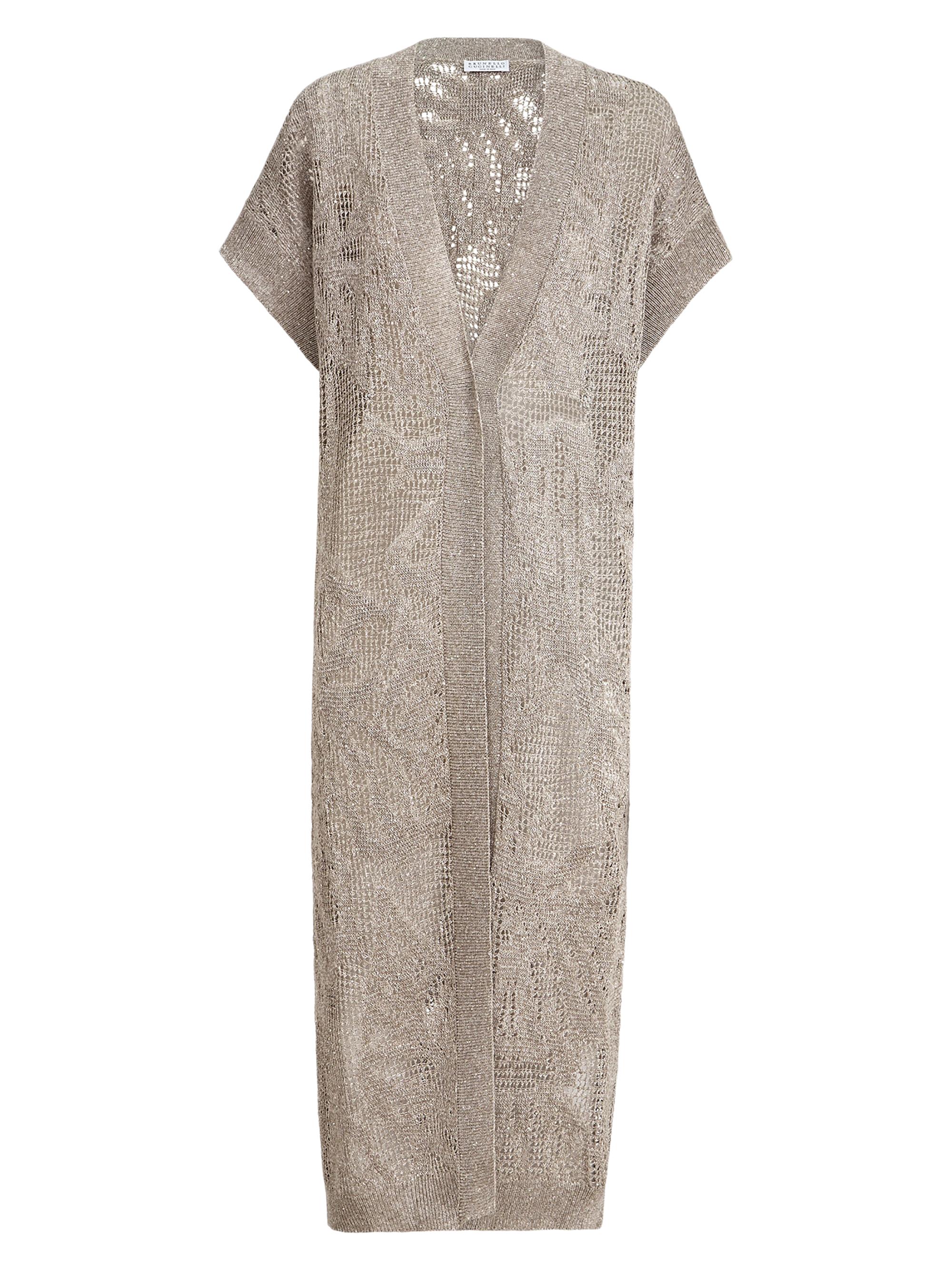 Brunello Cucinelli Women's Dazzling Water Lillies Long Cardigan in Linen and Cotton - Mud