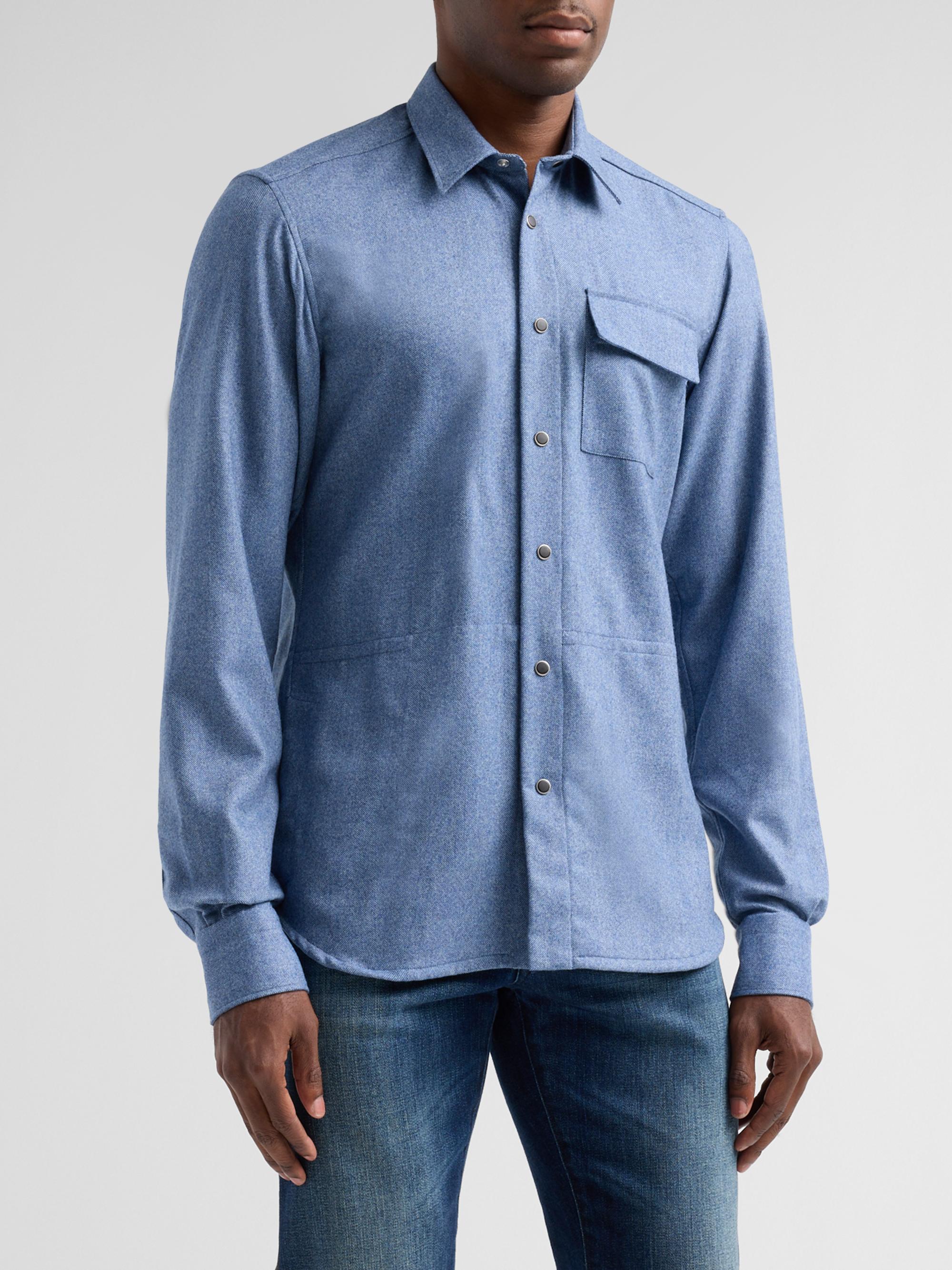 Kiton Men's Buba Virgin Wool & Cashmere Snap-Front Shirt - Blue | Thumbnail 4