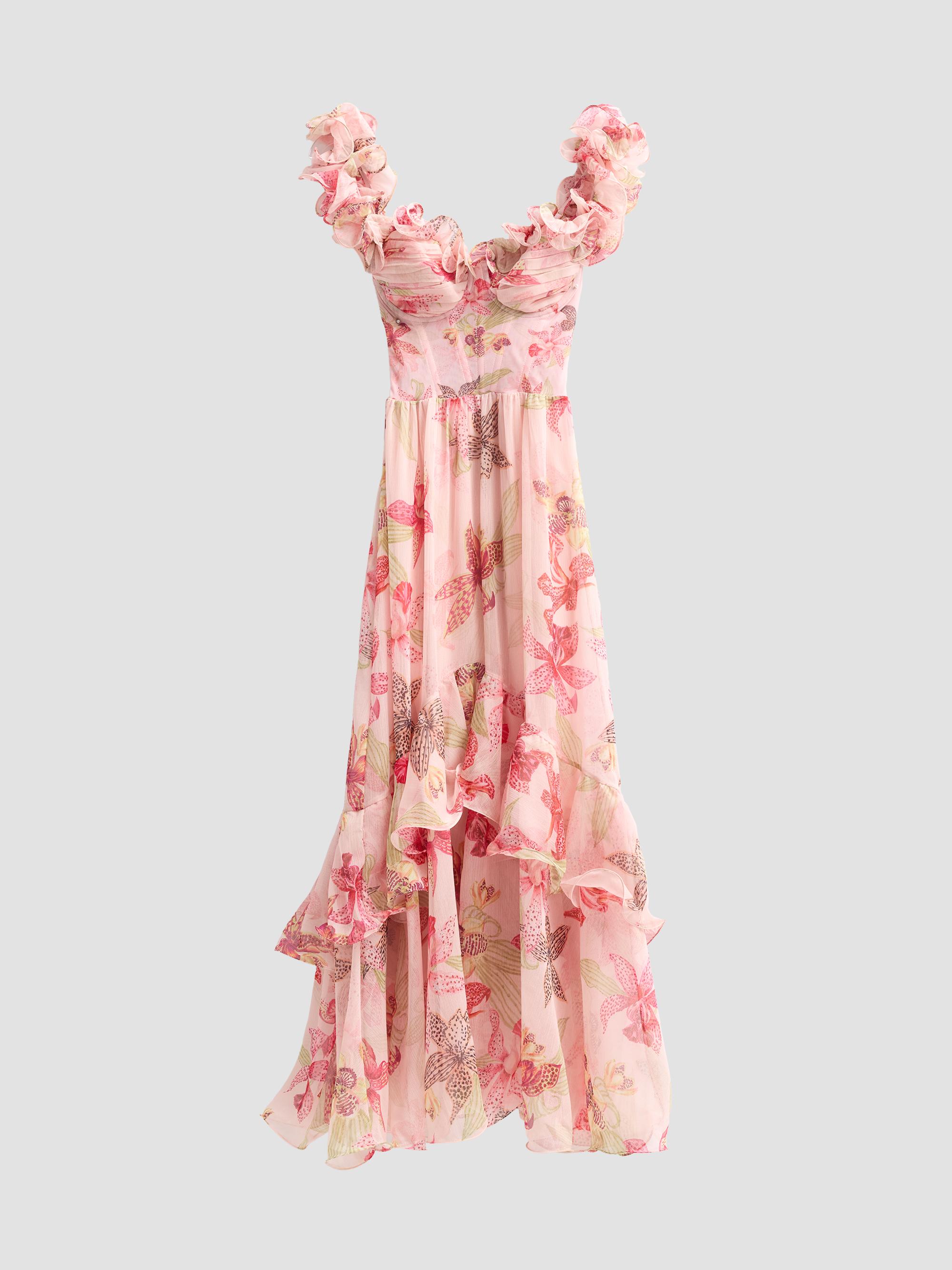 patbo corset dress Orchid Bloom Chiffon Midi - Rose Formal dress Color:Red+Black event shop black quarter sleeve dress VEL30933US