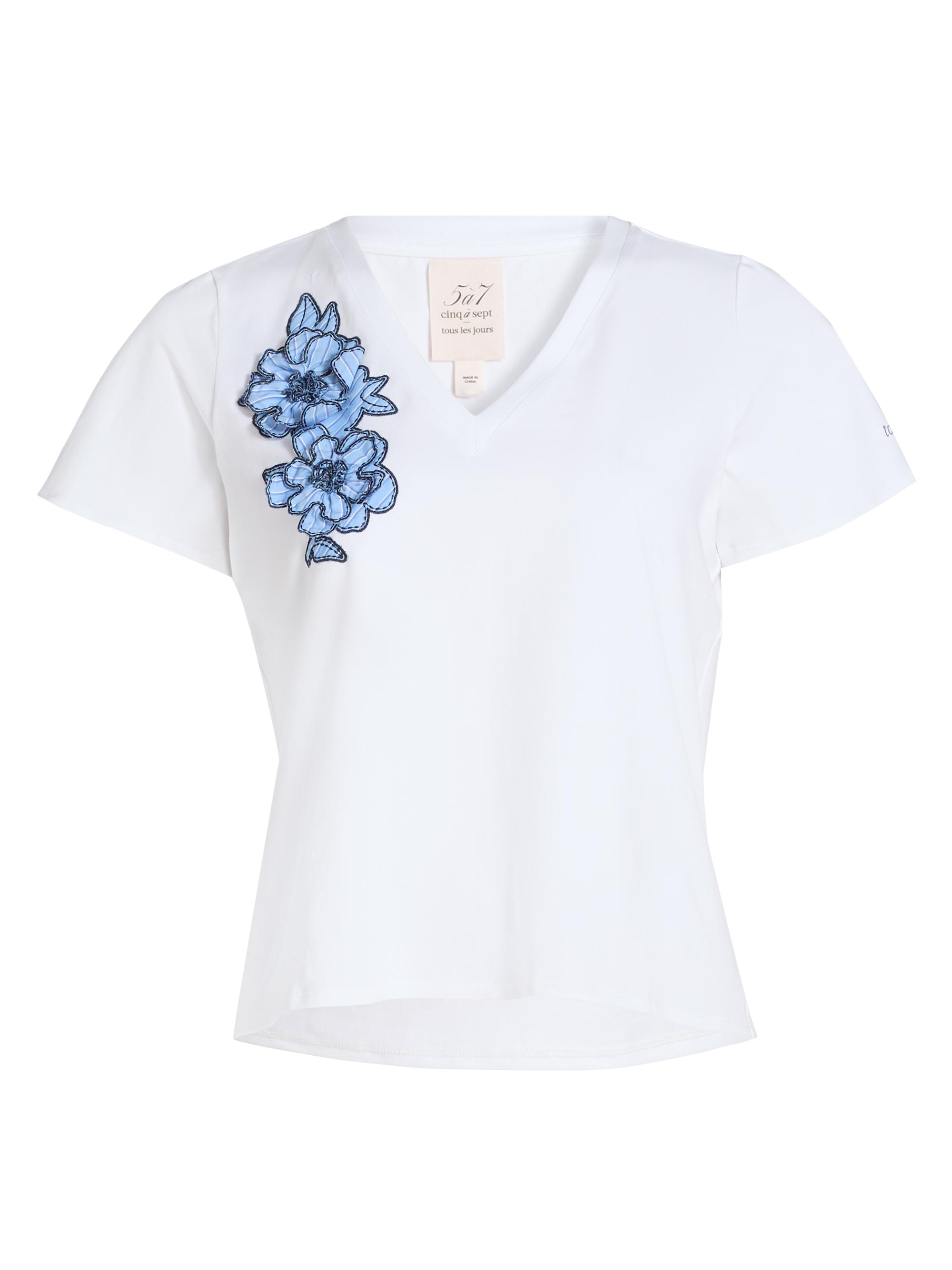 Cinq à Sept Women's Striped Floral Appliqué Shrunken T-Shirt - White Blue Multi