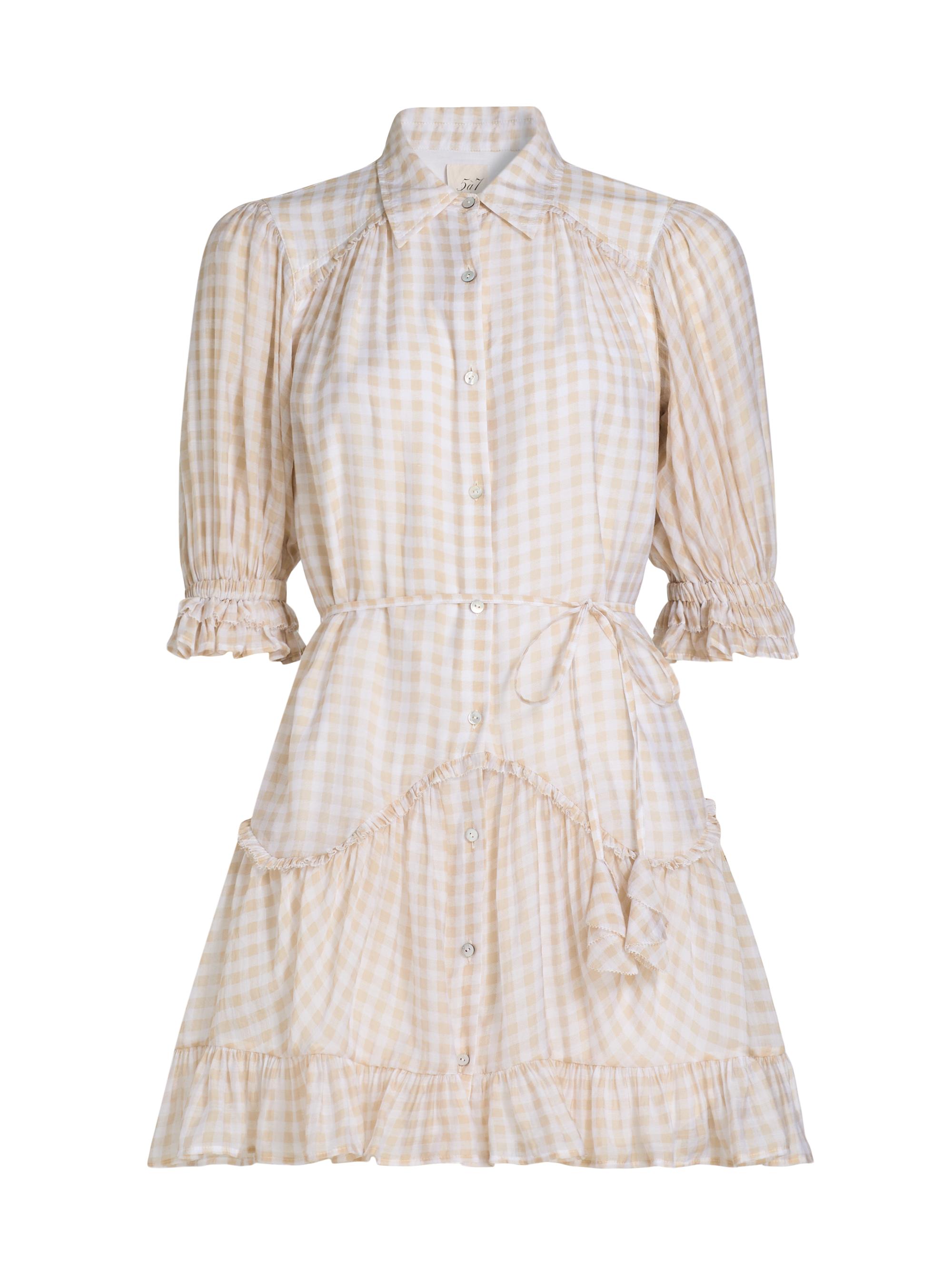 knee length dresses for ladies Ganni Seersucker Blue Check Cotton-Blend Shirred Midi Dress