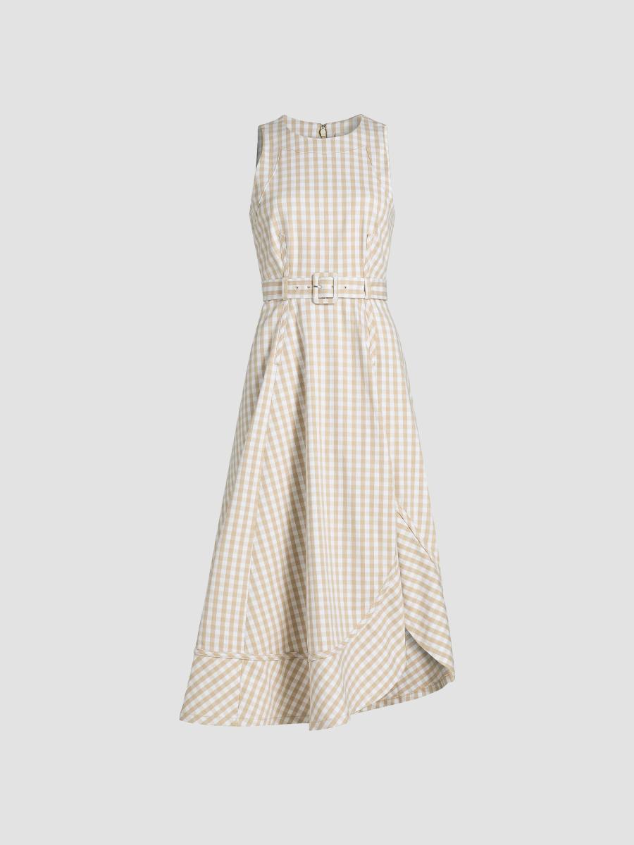 Cinq à Sept Zelda Gingham Denim Asymmetric Tea-Length Dress | Saks