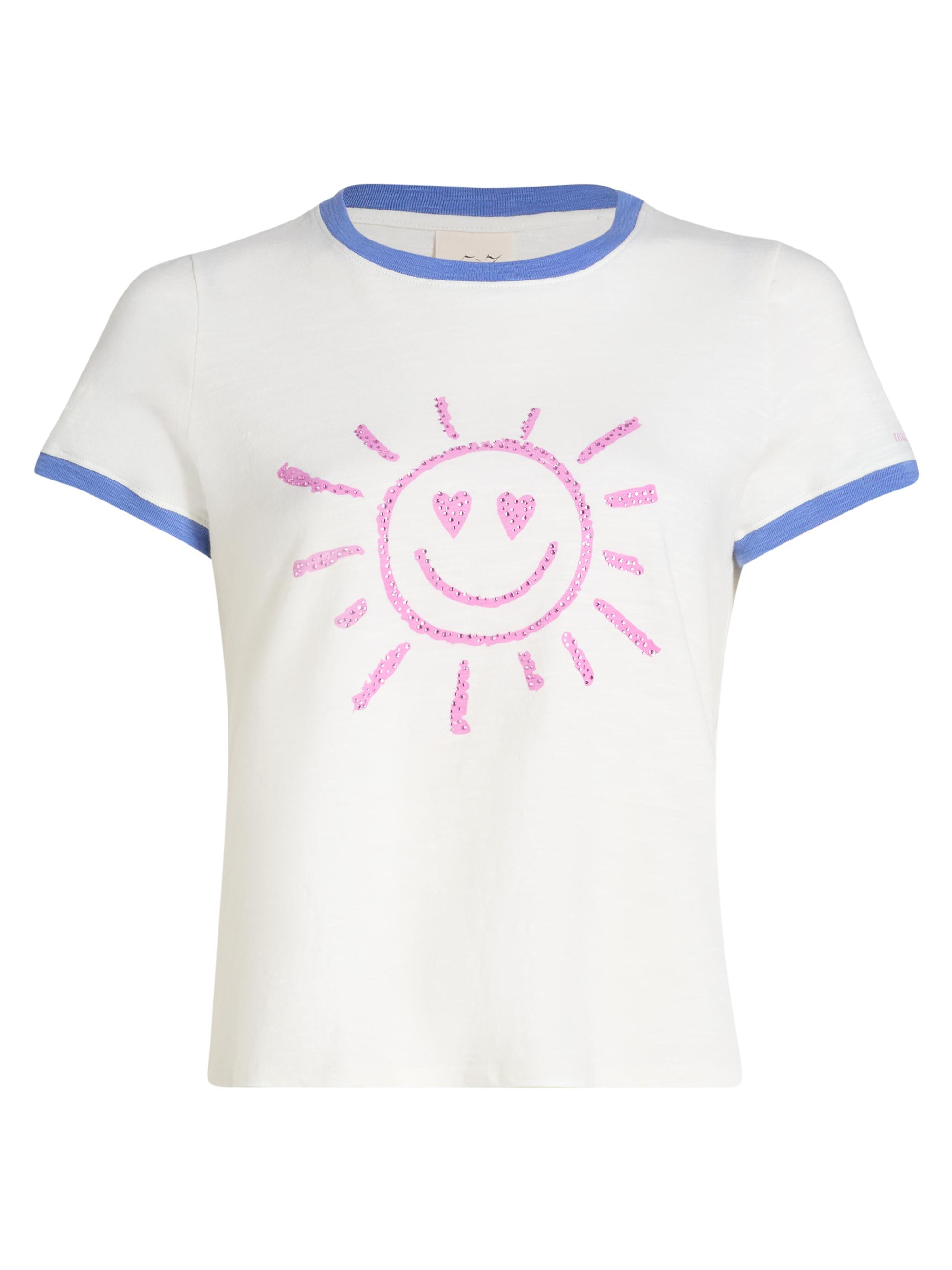 Cinq à Sept Women's Rhinestone Smiling Sun Shrunken Ringer T-Shirt - Cream Ultramarine