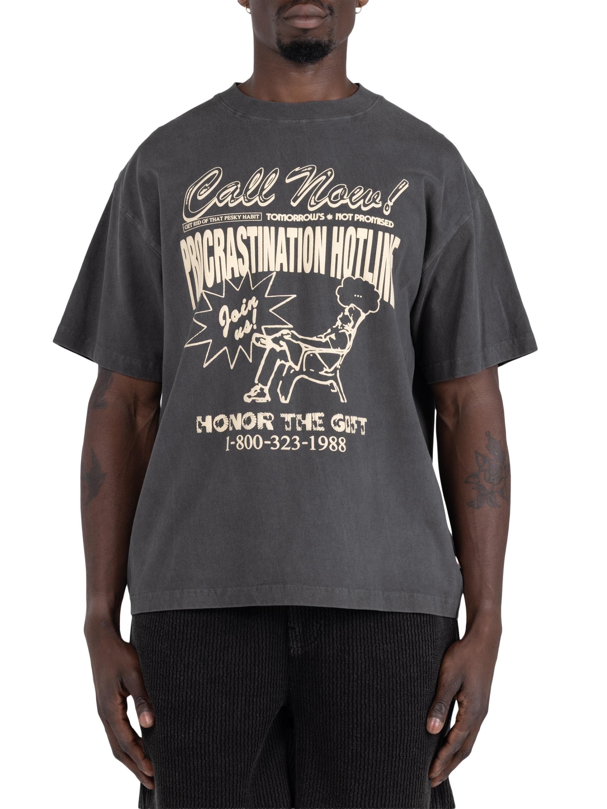 Honor The Gift Men's Procrastination Hotline Graphic Cotton T-Shirt - Black