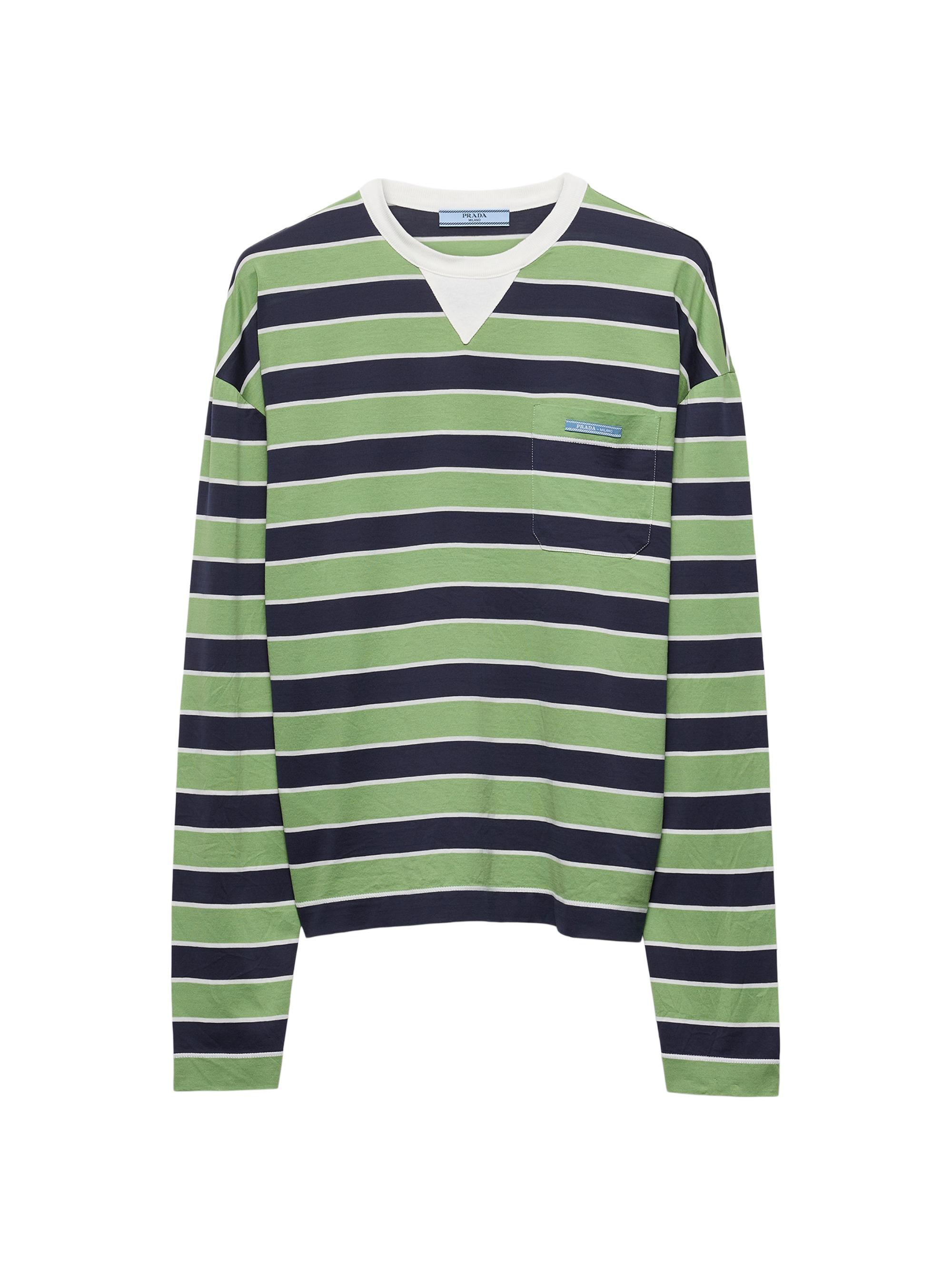 Prada Women's Long Sleeved Bayadere Striped Lisle Cotton T-Shirt - Blue