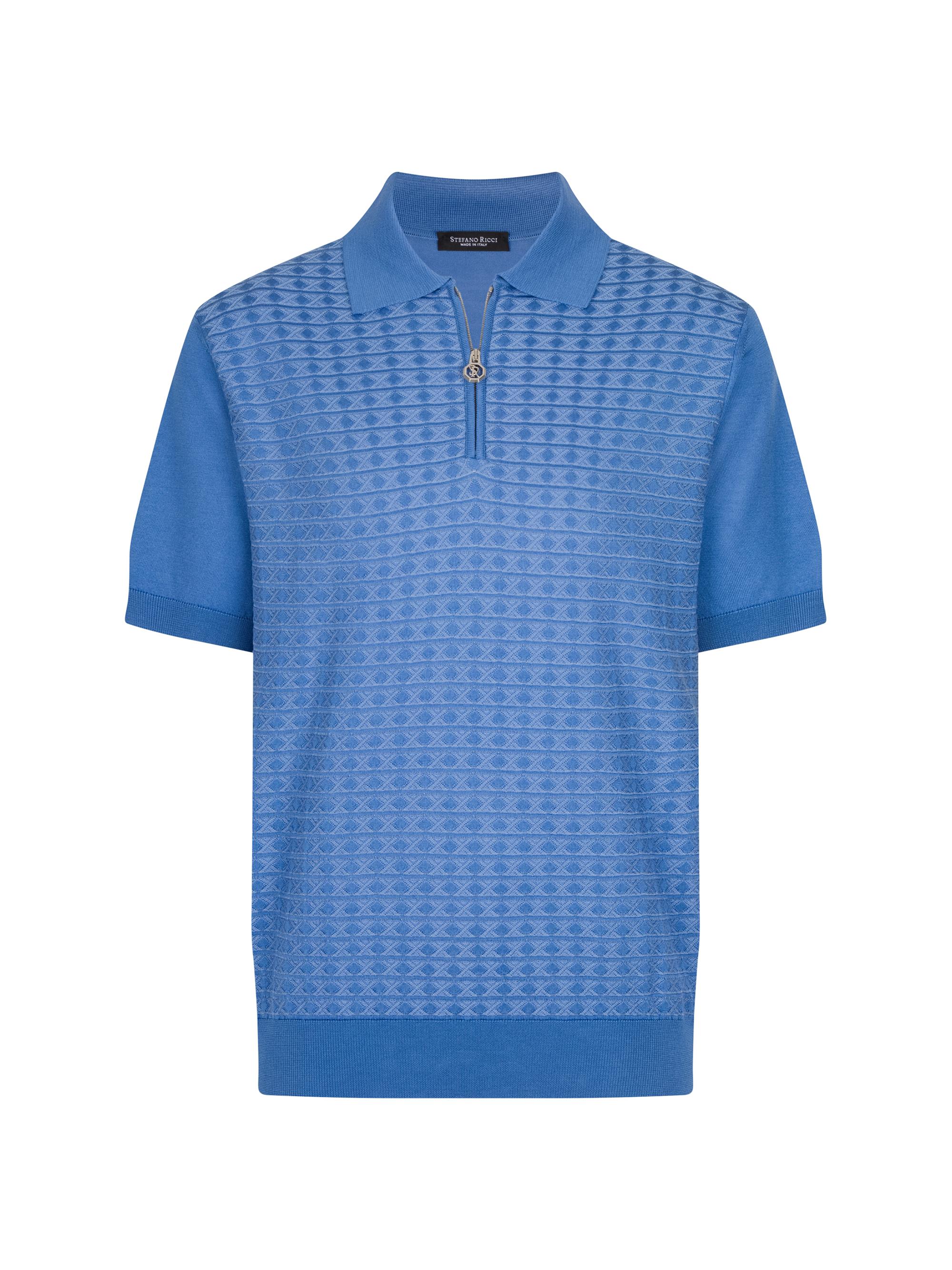 Stefano Ricci Men's Geometric Textured Silk-Cotton Quarter-Zip Polo Shirt - Light Blue