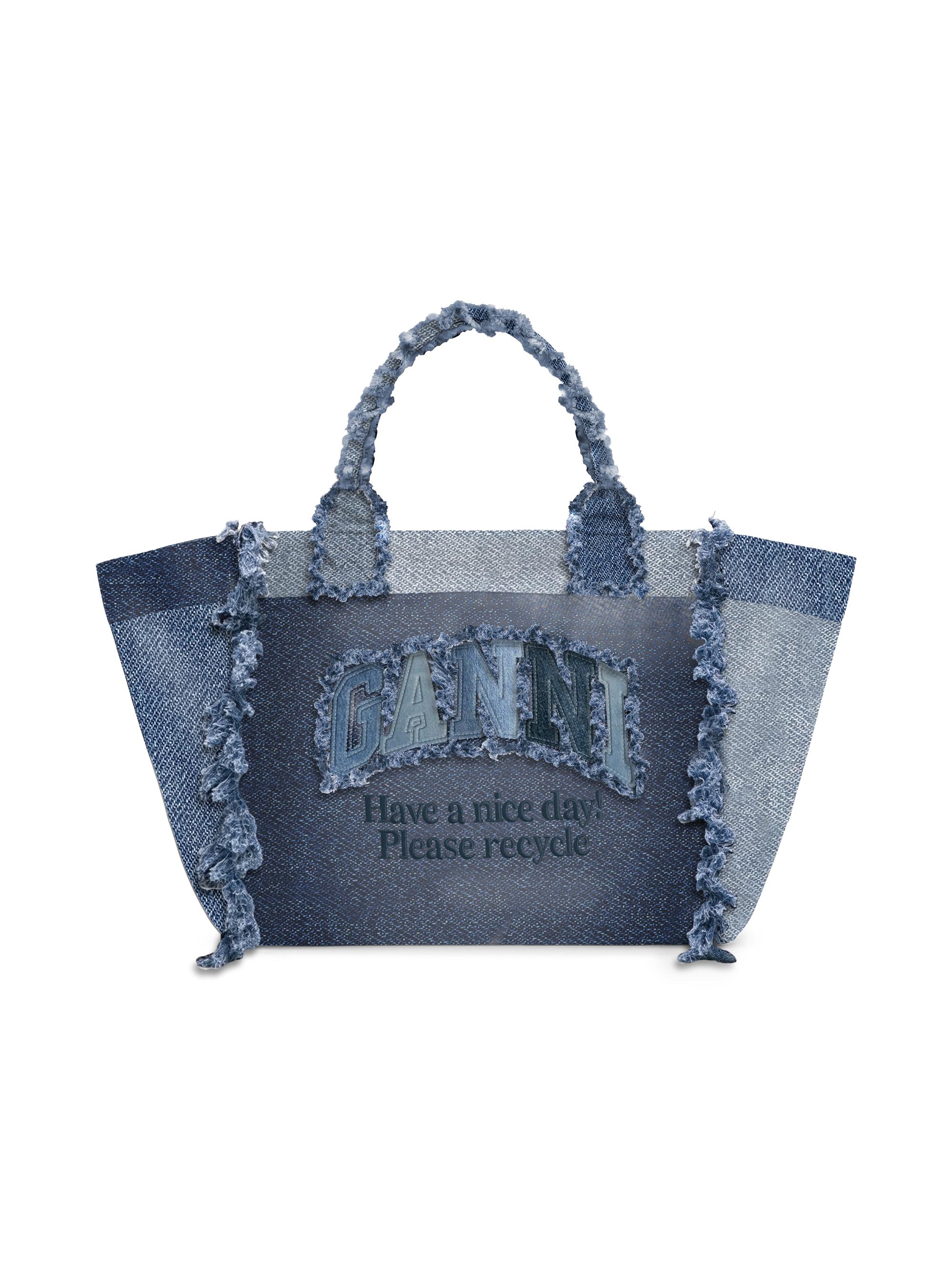 Ganni Women's  Trapeze Logo Denim Shopper Tote Bag - Dark Blue Vintage