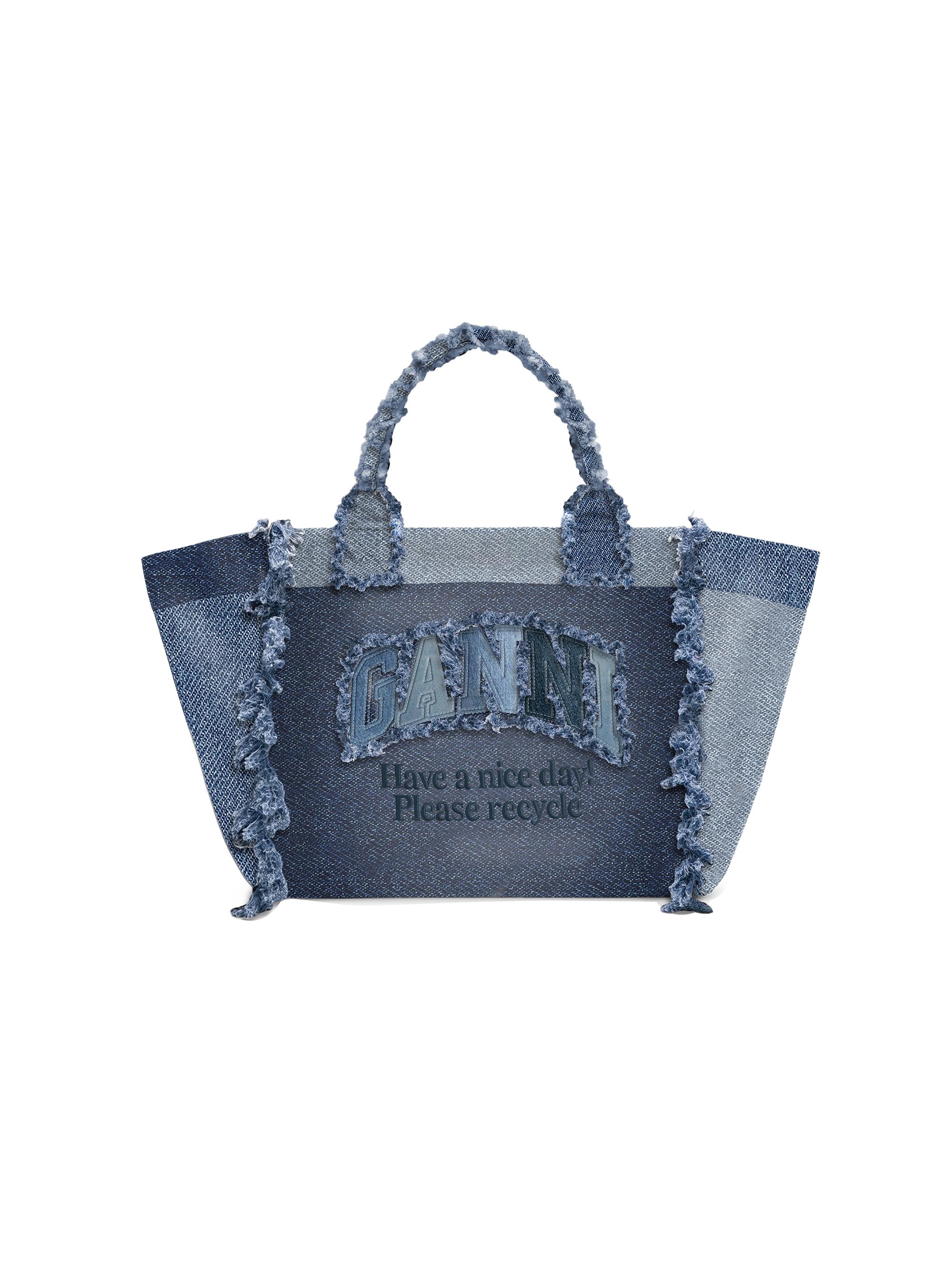 Ganni Women's  Trapeze Logo Denim Shopper Tote Bag - Mid Blue Vintage