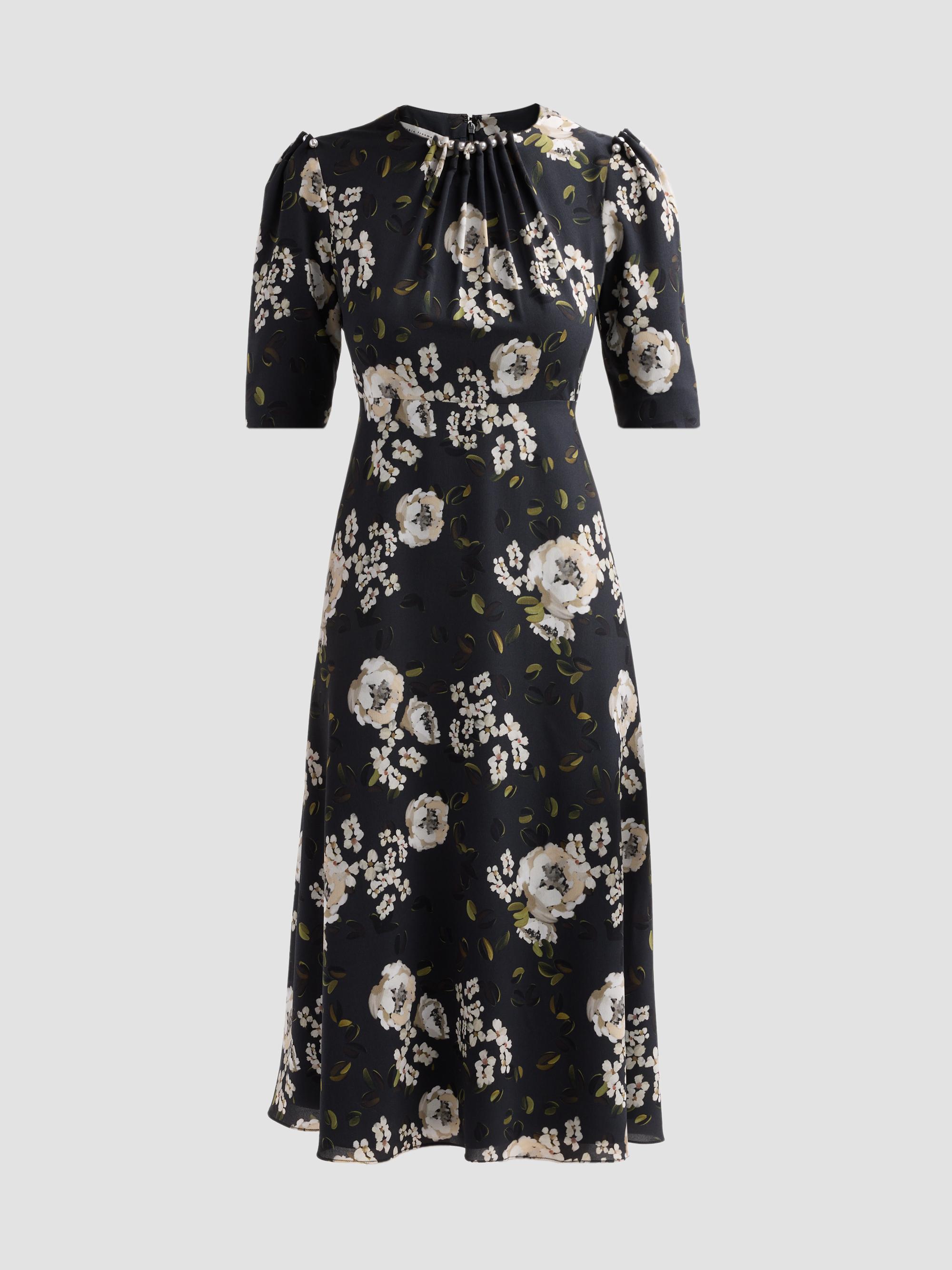 teri jon by rickie freeman floral embroidered tulle midi dress Embroidred Tulle Floral High Low Hem Dress  Terijon.com