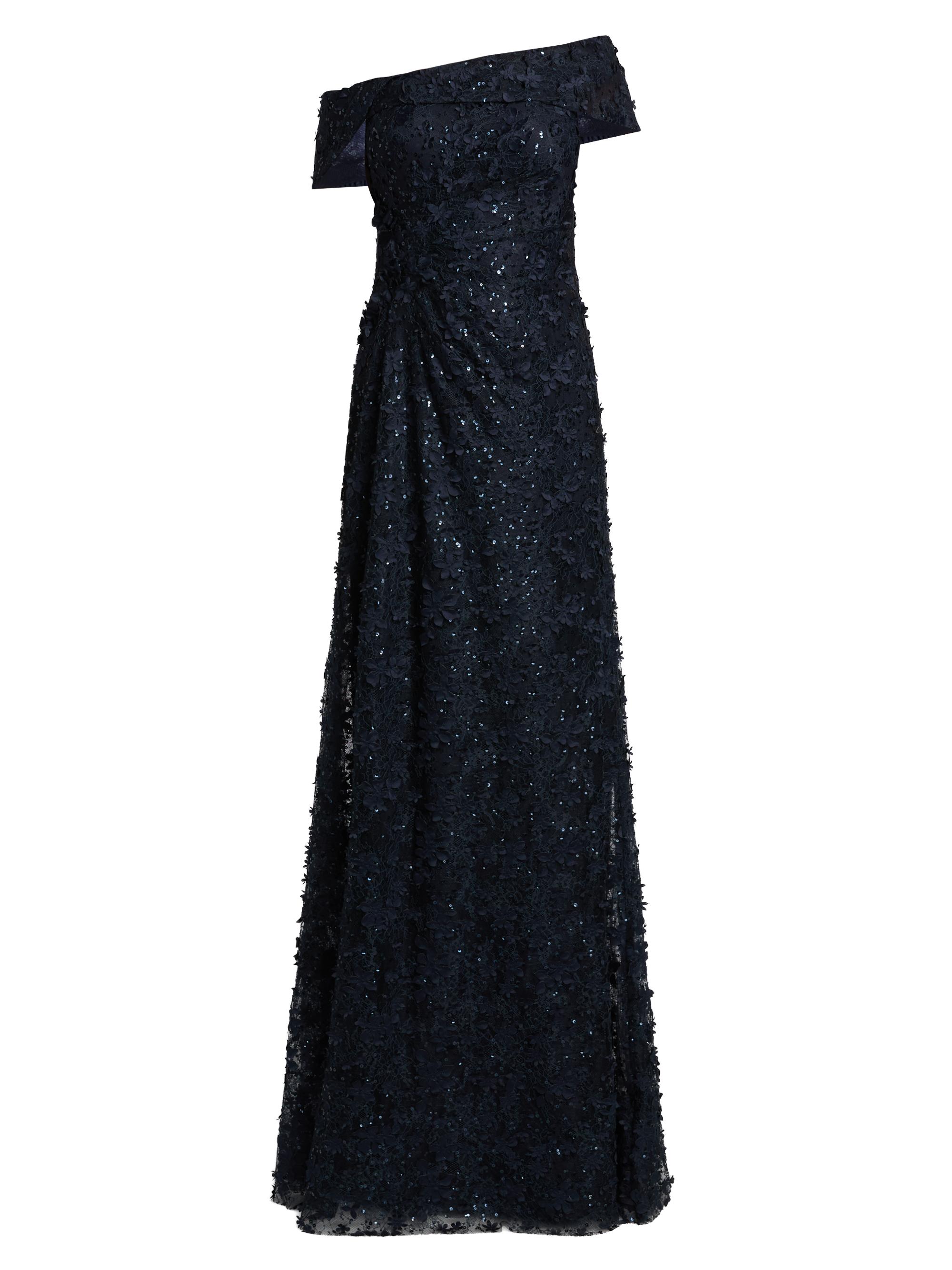 Teri Jon by Rickie Freeman Women's Sequined 3D Lace Off-the-Shoulder Gown - Navy | Thumbnail 8