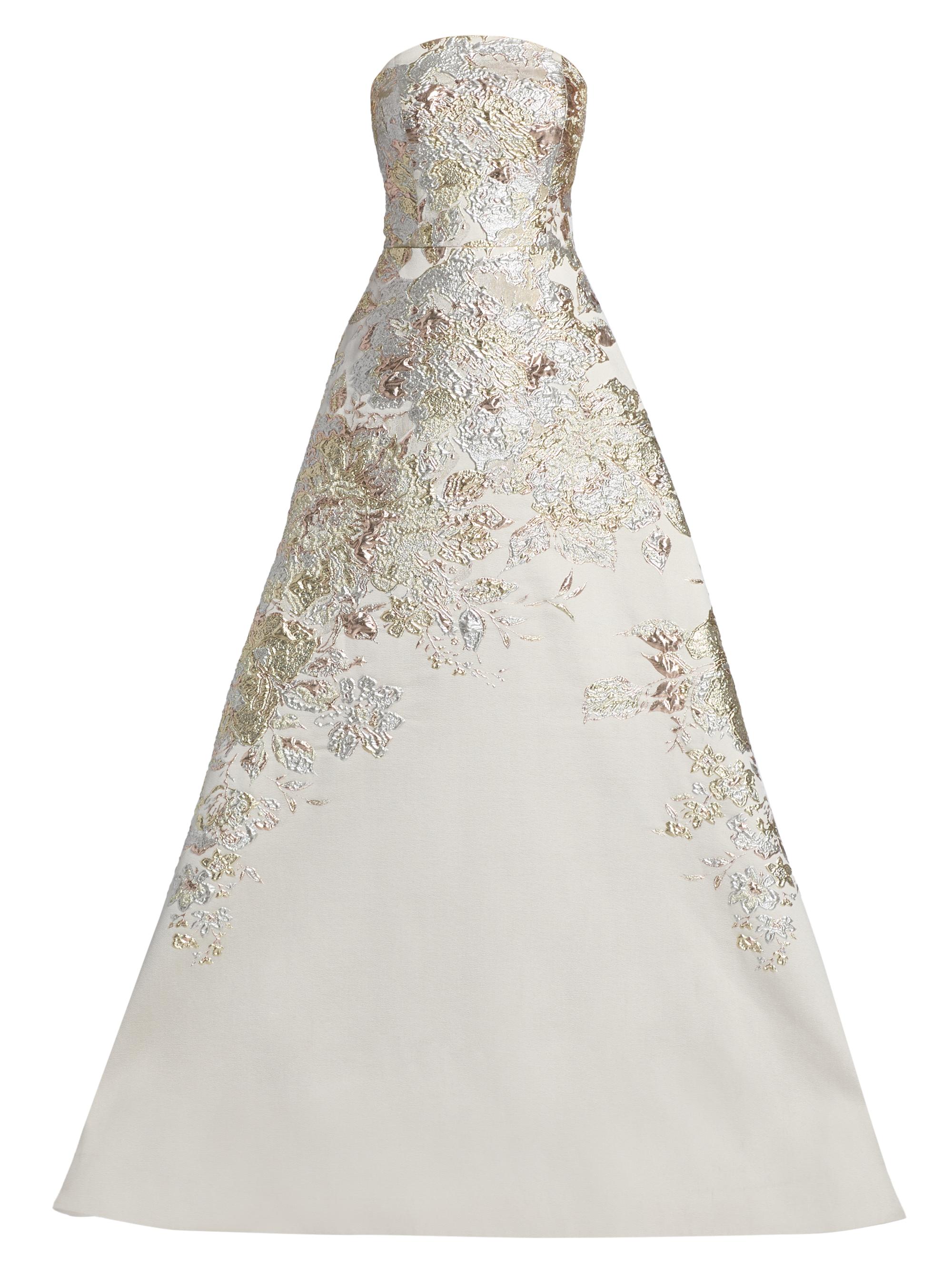 teri jon by rickie freeman a line dress Teri Jon By Rickie Freeman Women's Strapless Metallic Jacquard A-Line Gown - Beige Multi