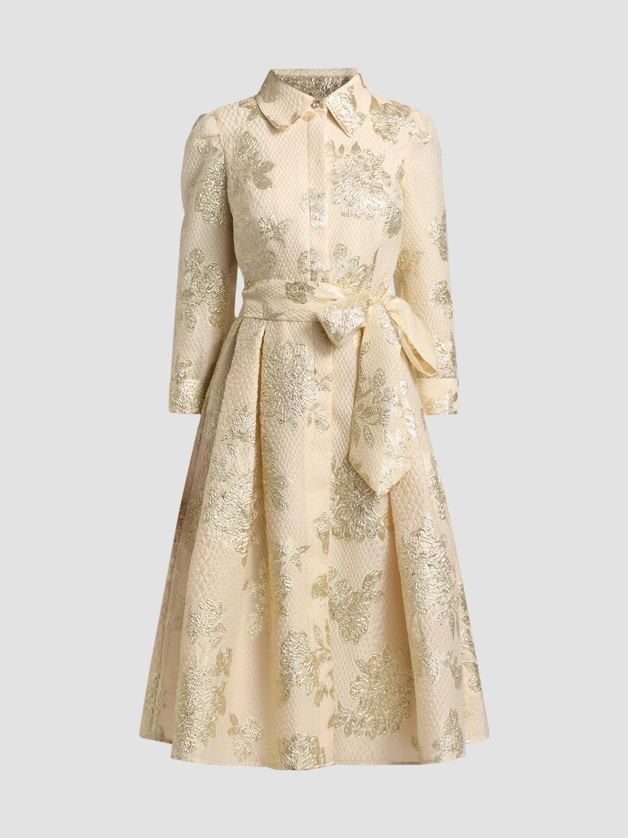 Teri Jon by Rickie Freeman Jacquard Pleated Cocktail Dress