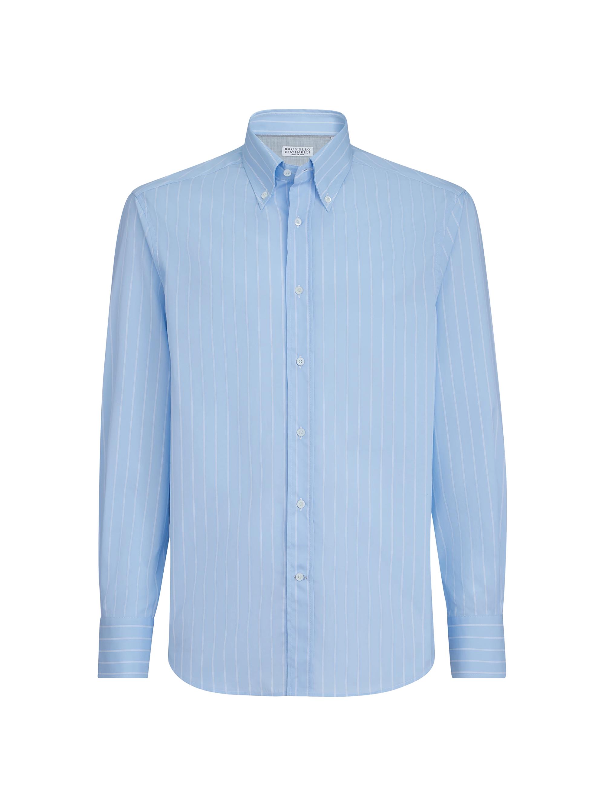 Brunello Cucinelli Men's Striped Poplin Slim Fit Shirt with Button Down Collar - Azure