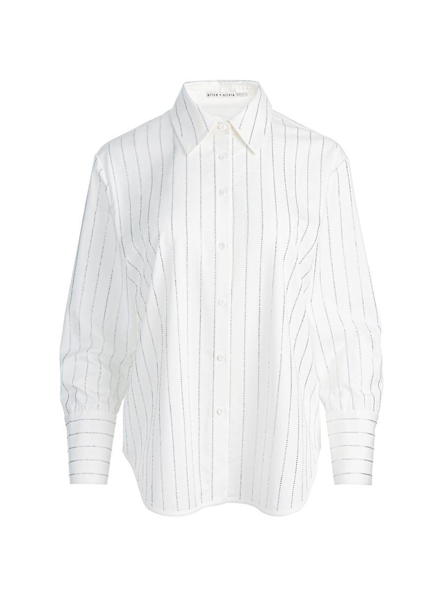 Alice And Olivia Women's Denim Capsule Rhinestone Pinstripe Oversized Button-front Shirt In White