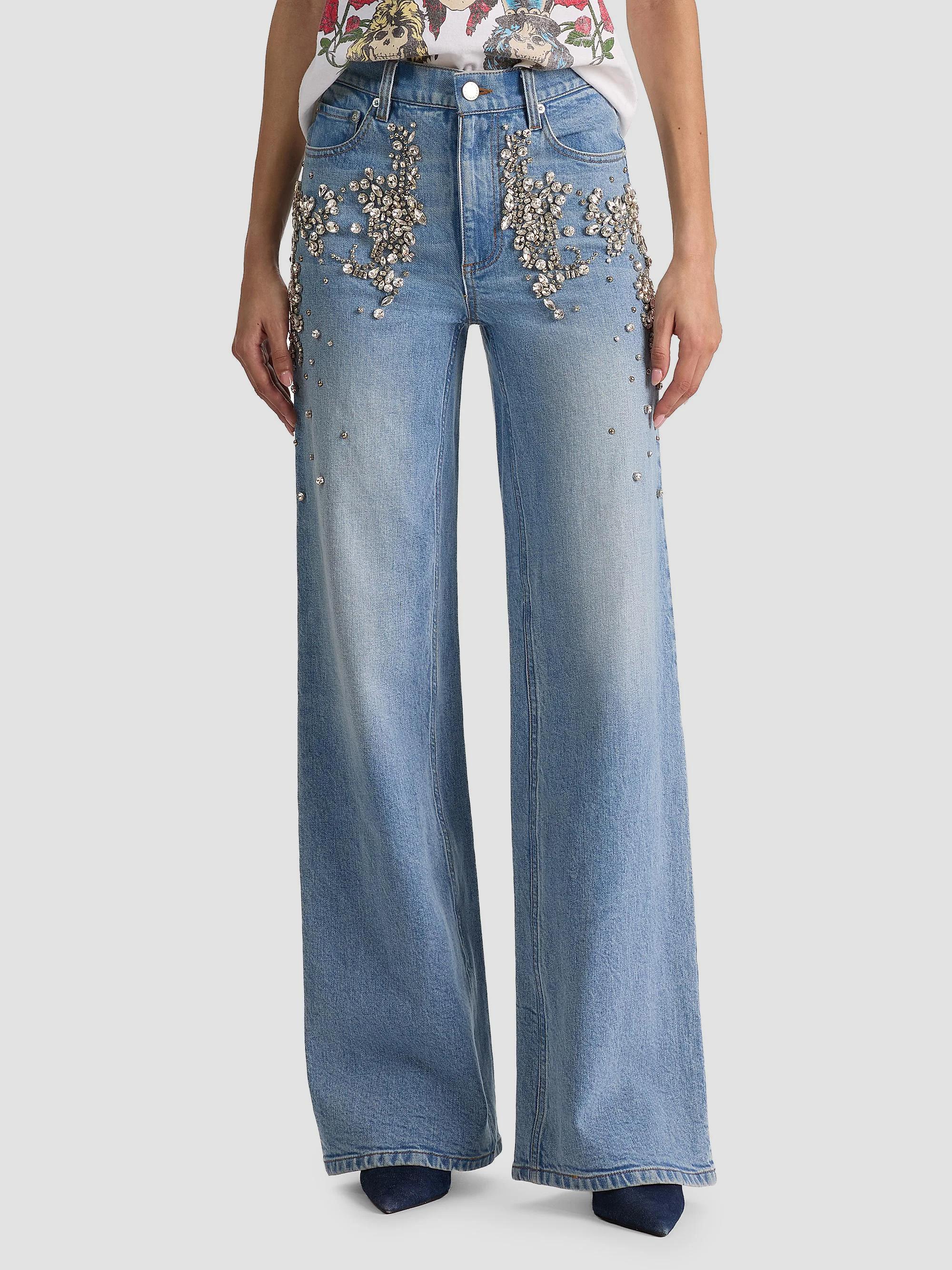7*中様 【美品】Embellished Denim Wide Pants ALICE + OLIVIA Chic Rhinestone-Embellished Wide-Leg Jeans | Saks
