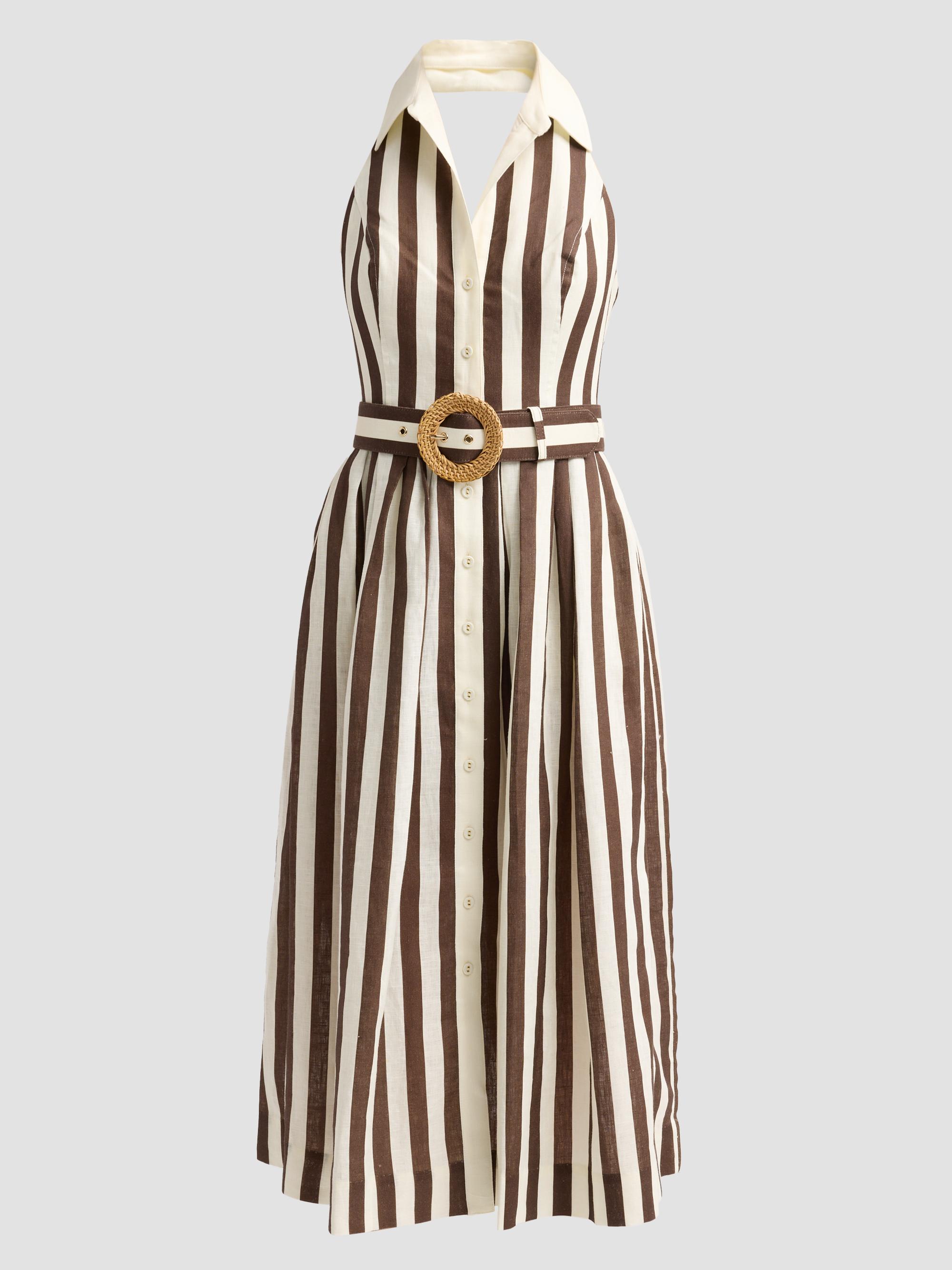 Cara Cara Women's Quentin Striped Linen Button-Front Halter Midi Dress - Brown  Stripe