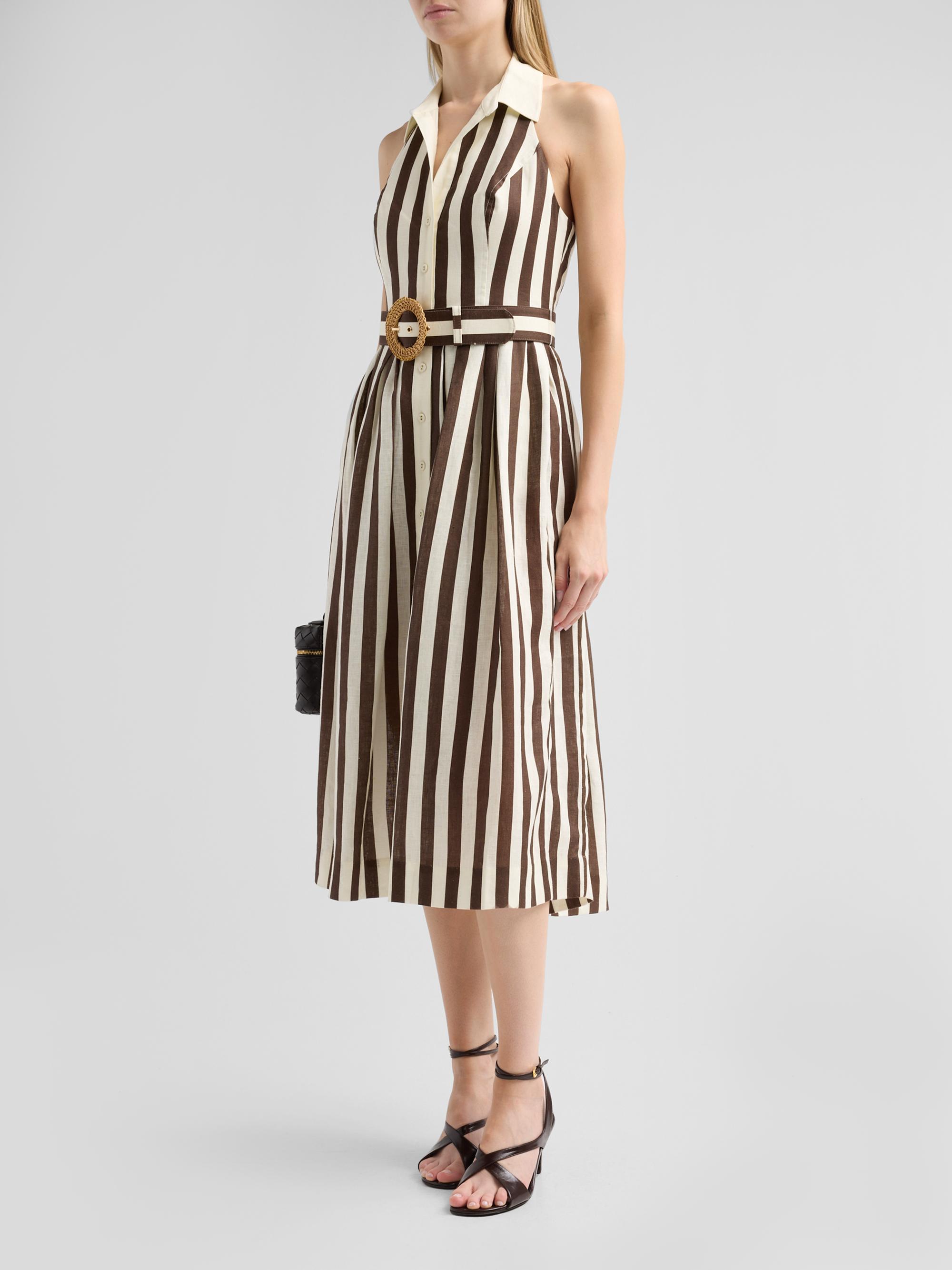 Cara Cara Women's Quentin Striped Linen Button-Front Halter Midi Dress - Brown  Stripe | Thumbnail 4