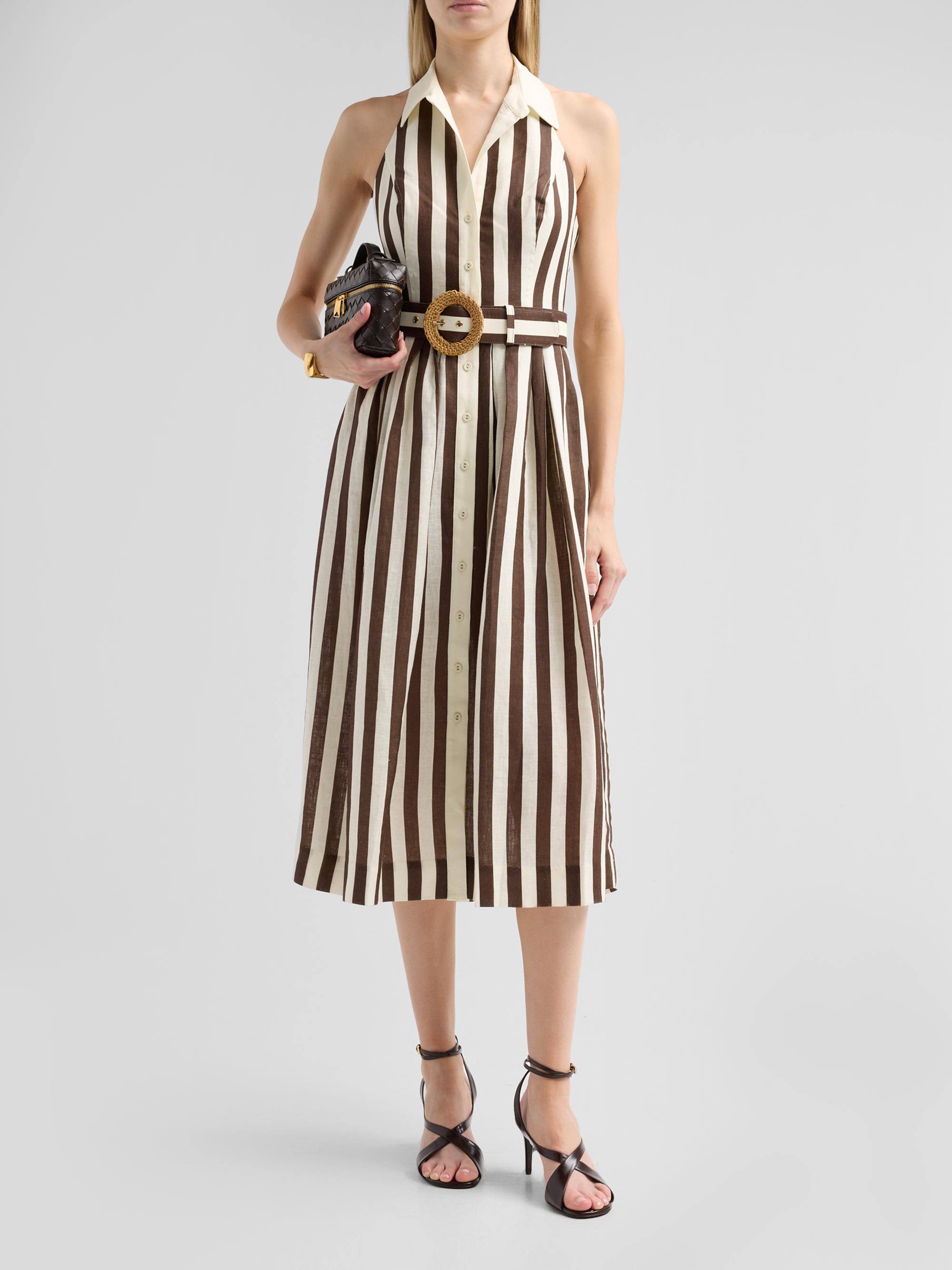 Cara Cara Women's Quentin Striped Linen Button-Front Halter Midi Dress - Brown  Stripe | Thumbnail 2