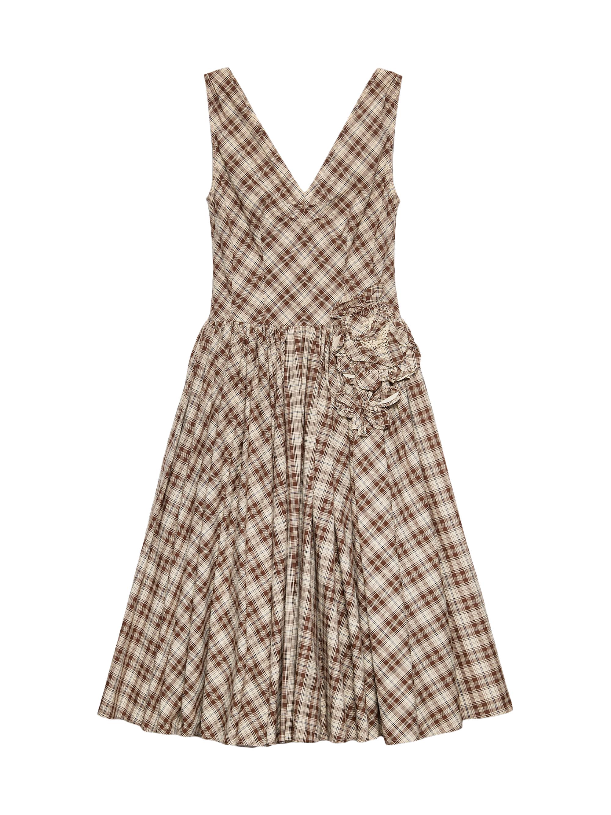 Prada Women's Embroidered Checked Poplin Dress - Beige Khaki