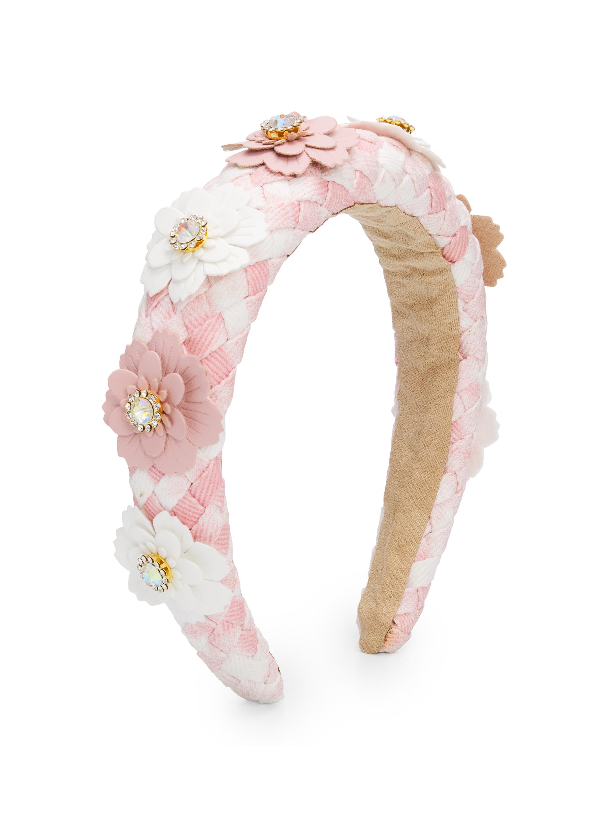 Bari Lynn Girl's Flower Appliqués Embellished Weave Headband - Pink
