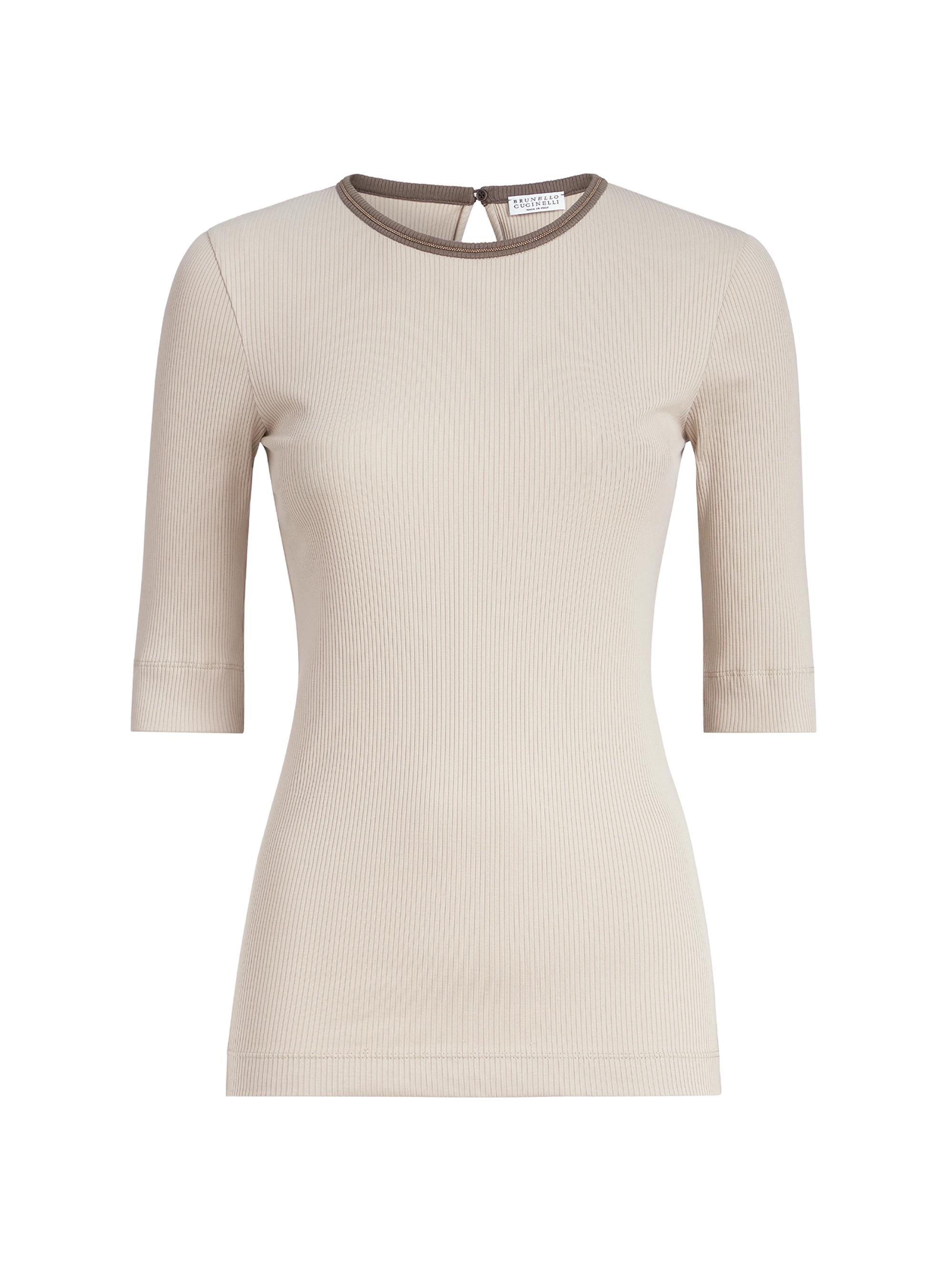 Brunello Cucinelli Women's Stretch Cotton Ribbed Jersey Top with Shiny Trim - Buff