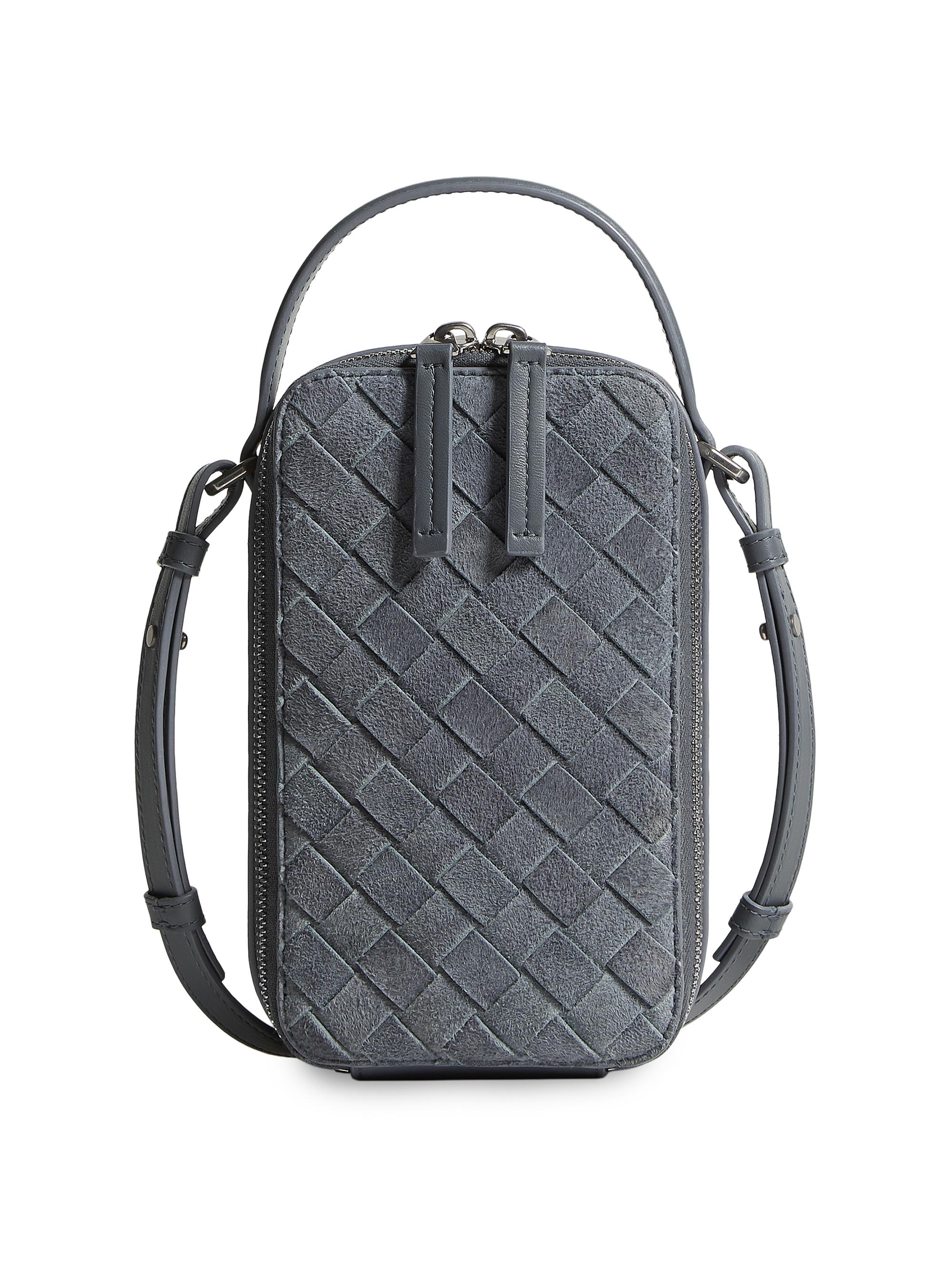 Bottega Veneta Men's Getaway Intrecciato Suede Phone Pouch - Cloudy