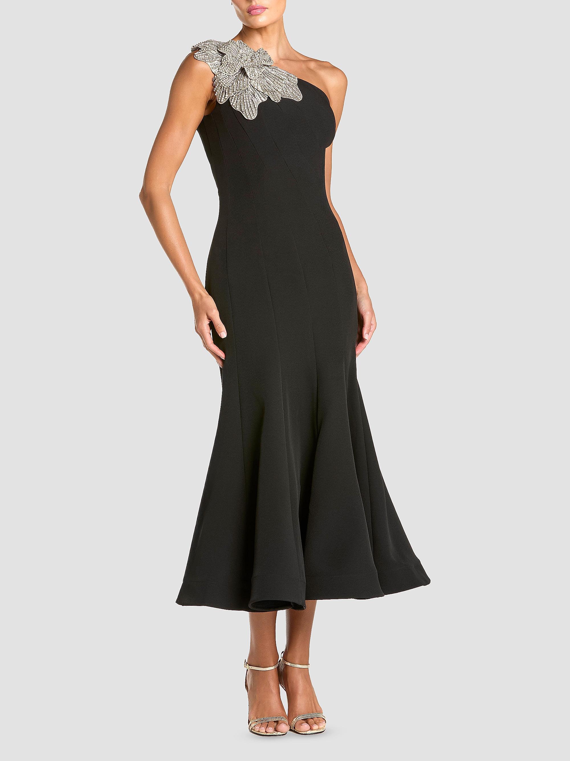 Mac Duggal Women's Petite One-Shoulder Mermaid Crepe Midi Dress - Black Petite 12
