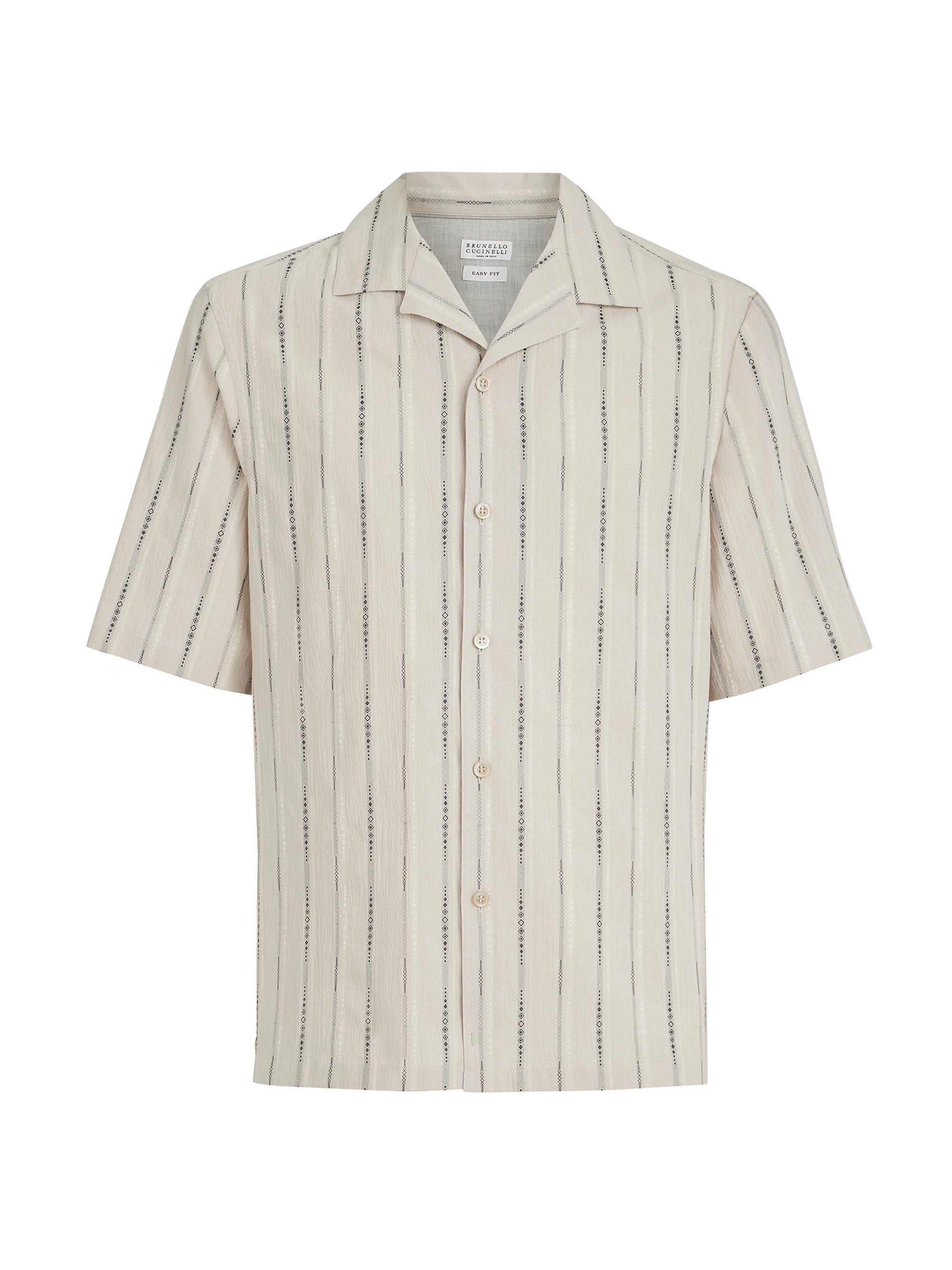 Brunello Cucinelli Men's Jacquard Seersucker Easy Fit Short Sleeve Shirt with Camp Collar - Panama