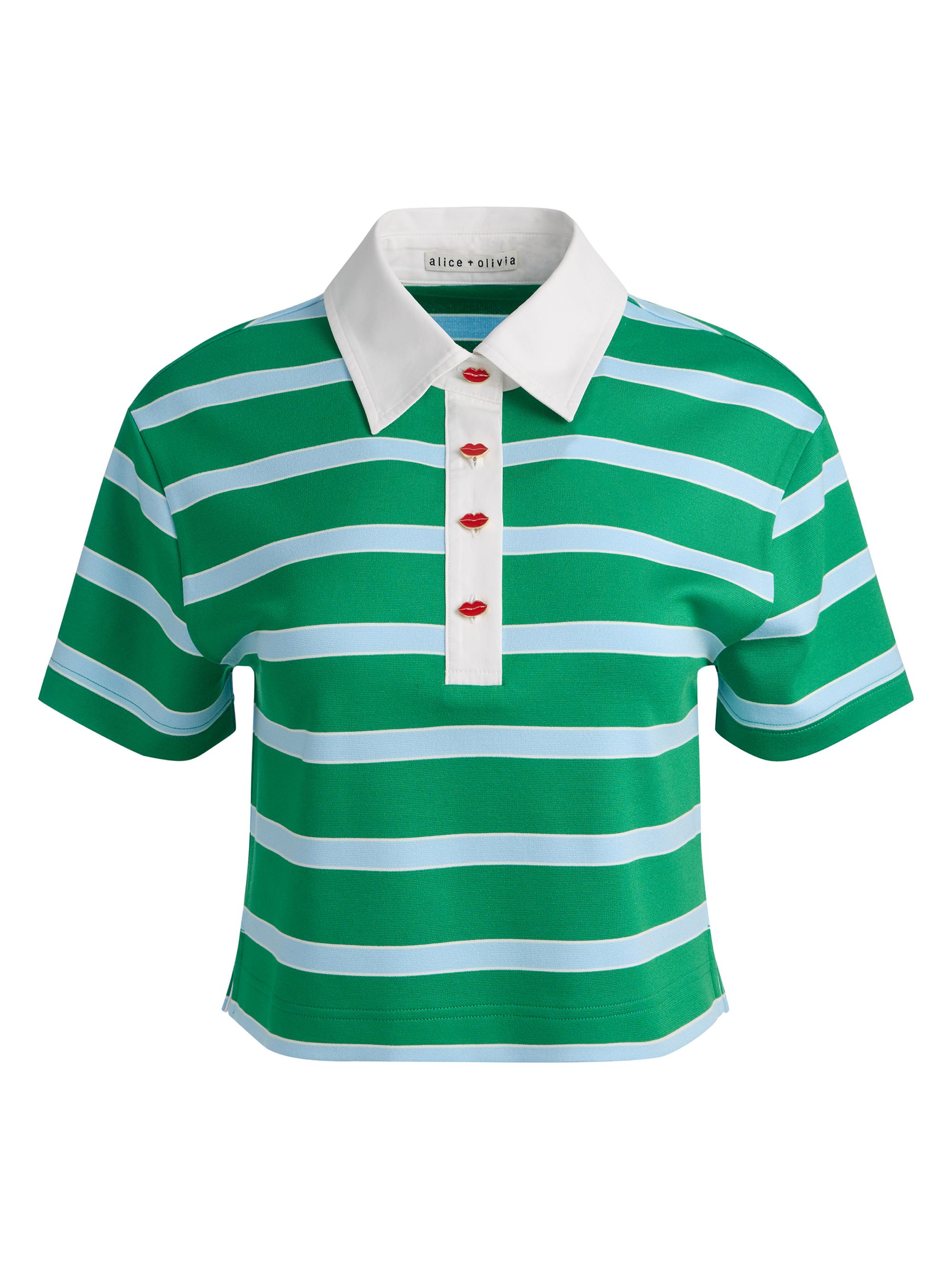ALICE + OLIVIA Women's Lyle Striped Rugby Polo Top - Green Apple Carolina