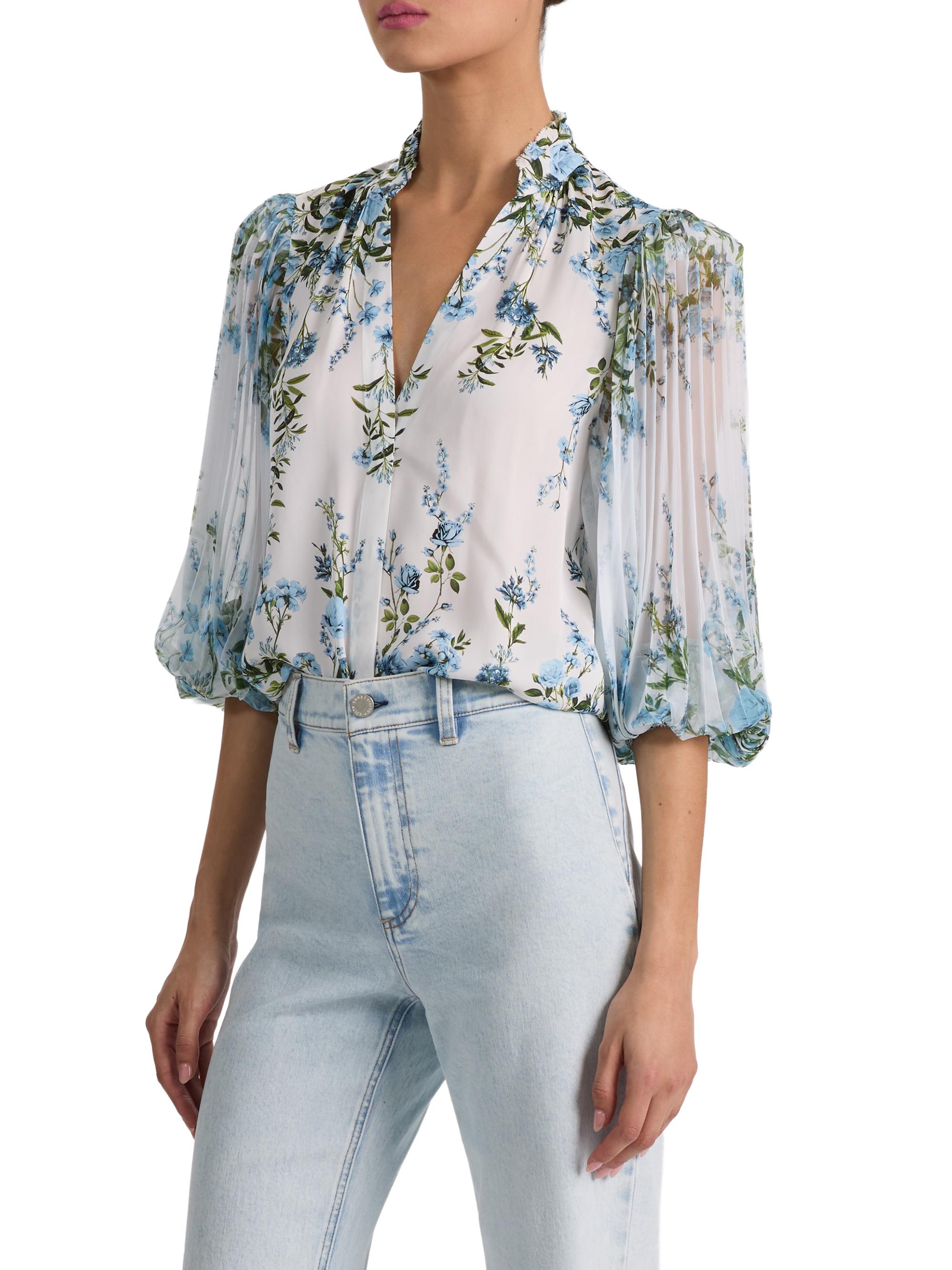 ALICE + OLIVIA Ilan Pleated Blouson-Sleeve Blouse | Saks Fifth Avenue