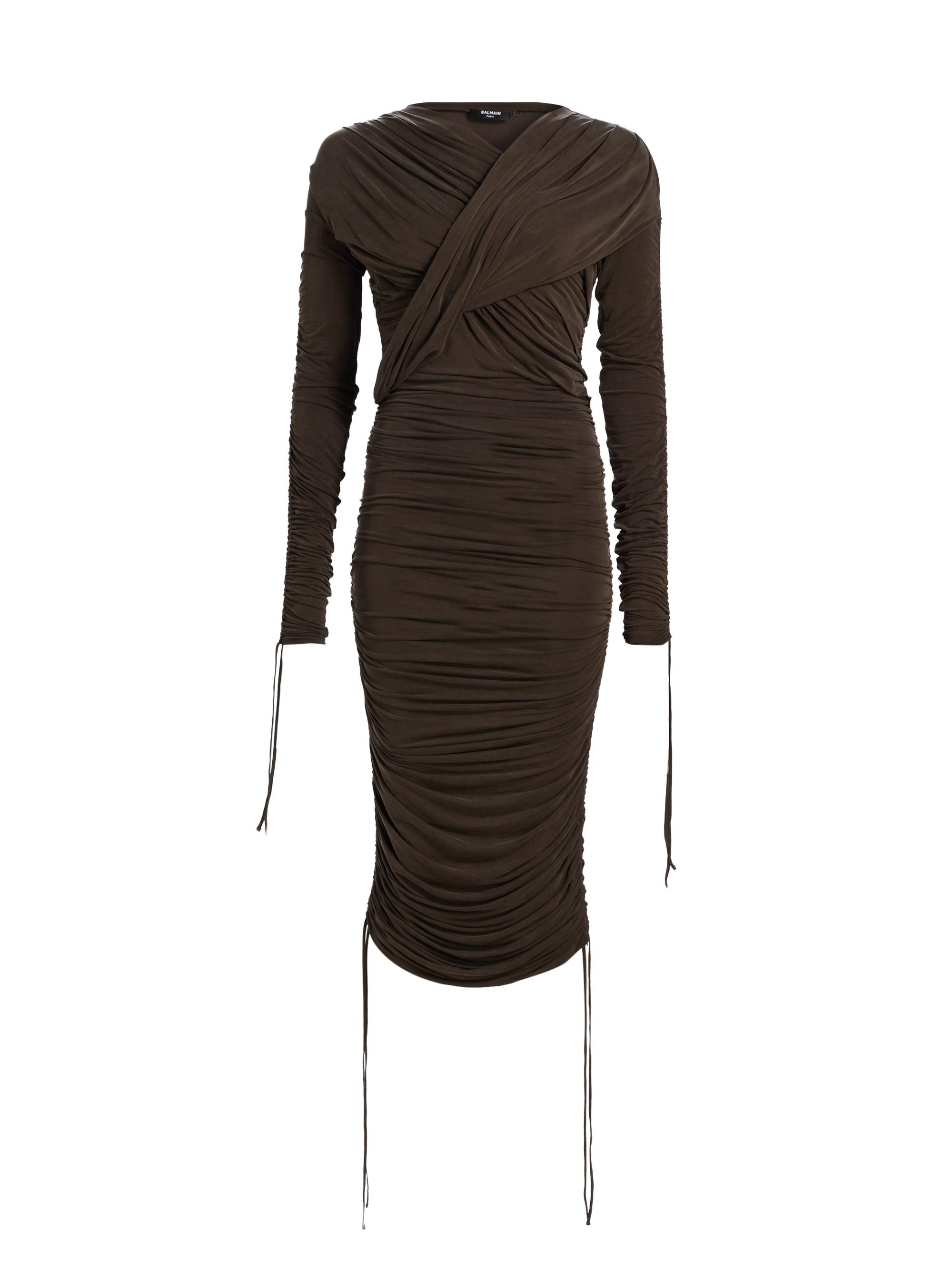 Balmain Women's Draped Jersey Midi-Dress - Brown - Women's Clothing