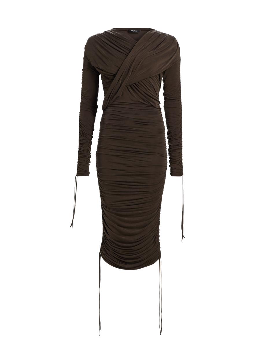 Balmain Women's Draped Jersey Midi-dress In Brown