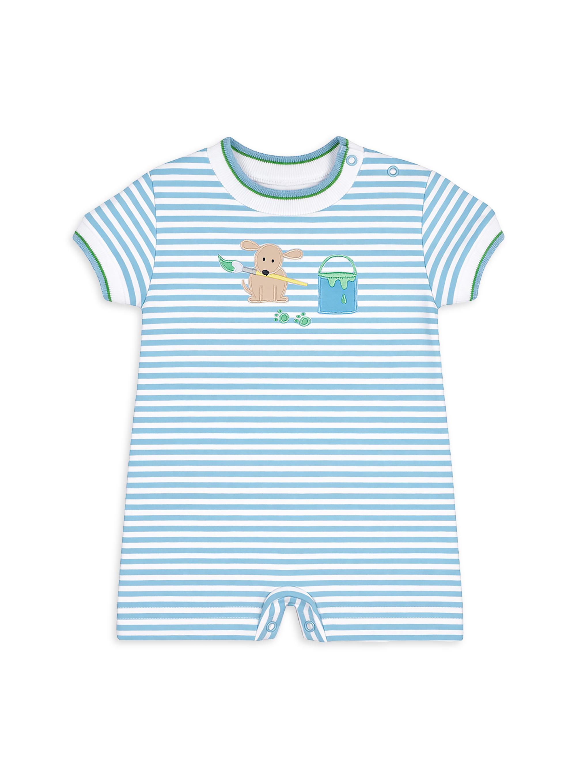 Florence Eiseman Baby Boy's Embroidered Striped Cotton-Blend Shortall - Blue 24 Months