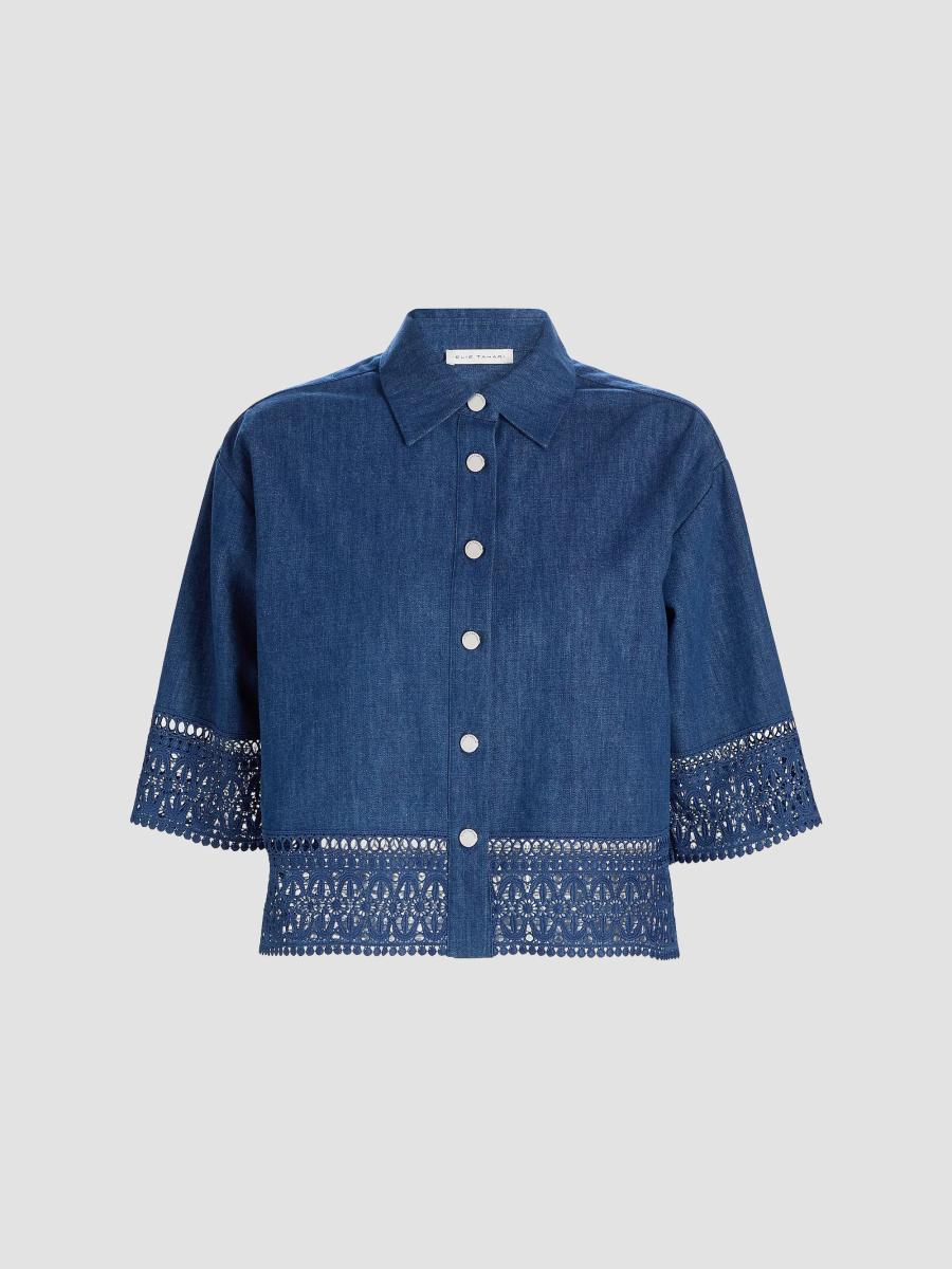 Elie Tahari The Laylee Lace-Trimmed Denim Shirt | Saks Fifth Avenue