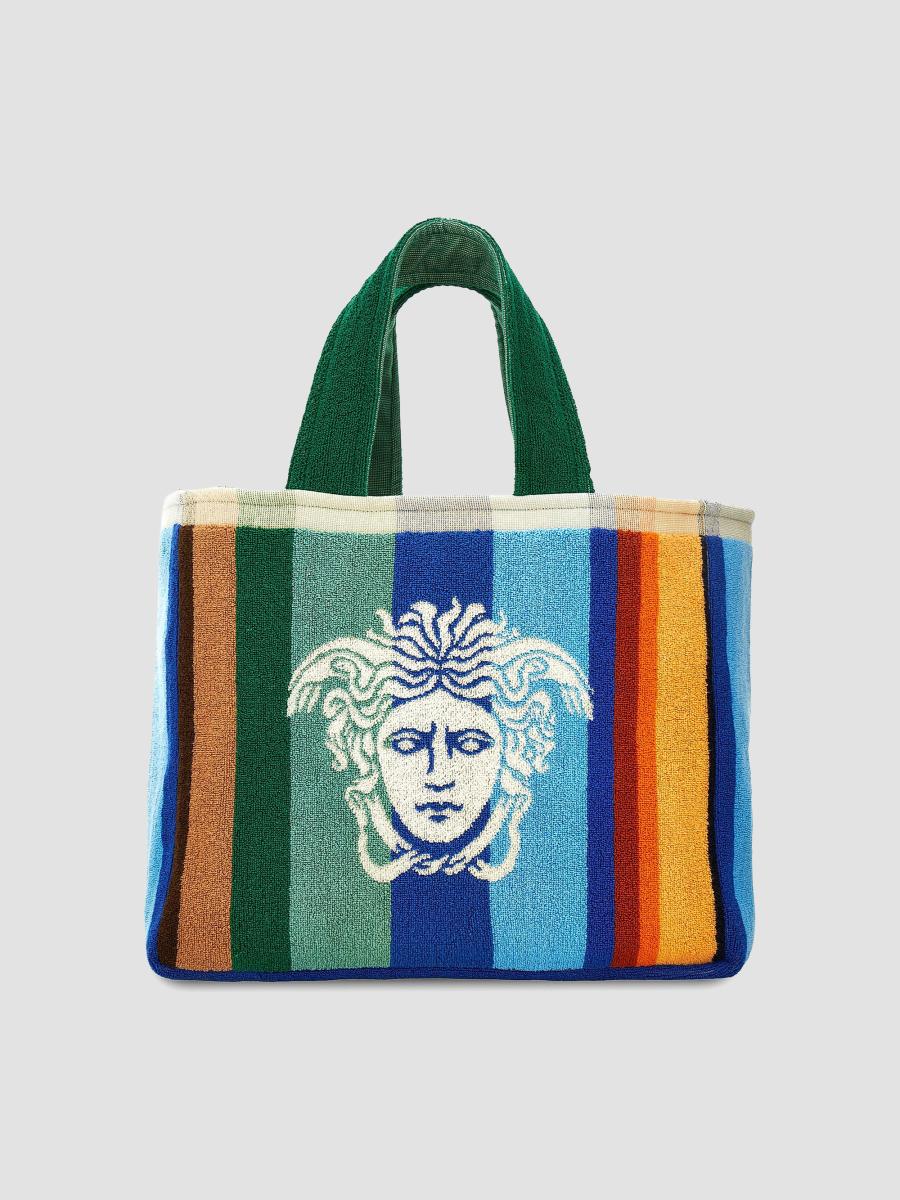 Versace Men's Striped Jacquard Medusa Tote Bag In Blue