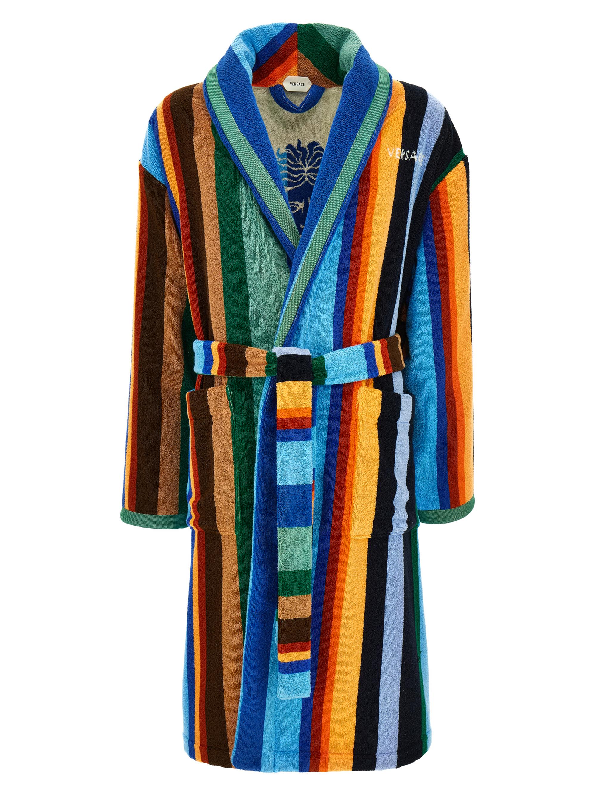 Versace Men's Medusa Jacquard Striped Terry Robe - Blue Multicolor