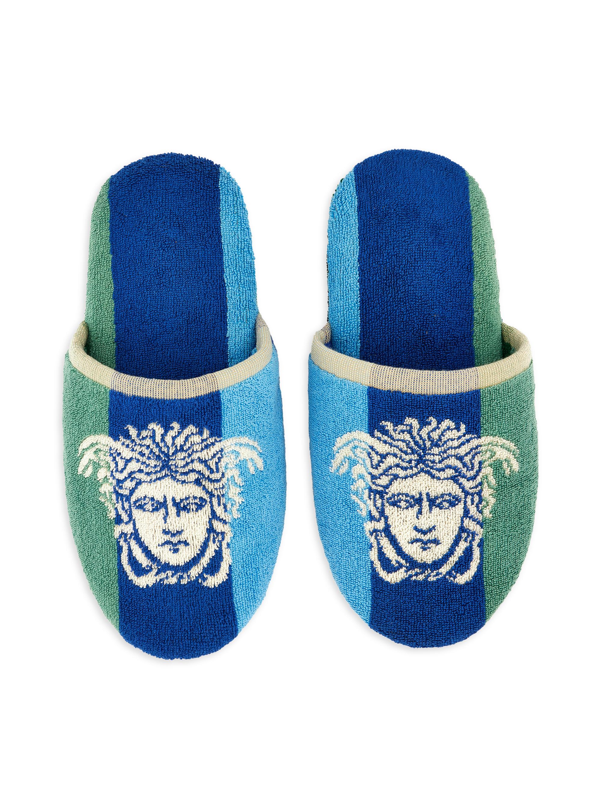 Versace Men's Medusa Jacquard Striped Jersey Slippers - Blue Multicolor