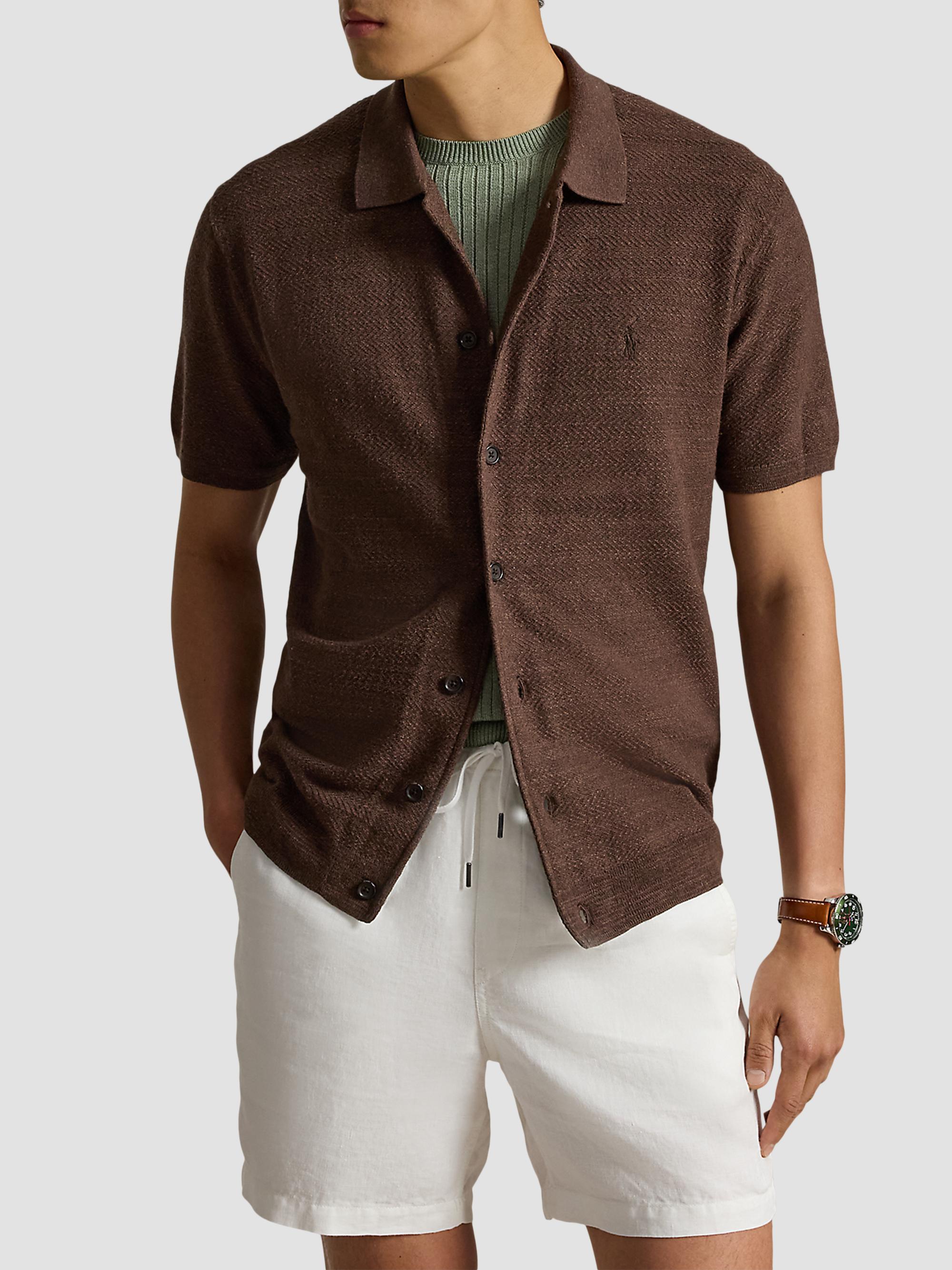 Polo Ralph Lauren Men's Herringbone Cotton-Linen Short-Sleeve Cardigan - Nutmeg Brown Heather | Thumbnail 4