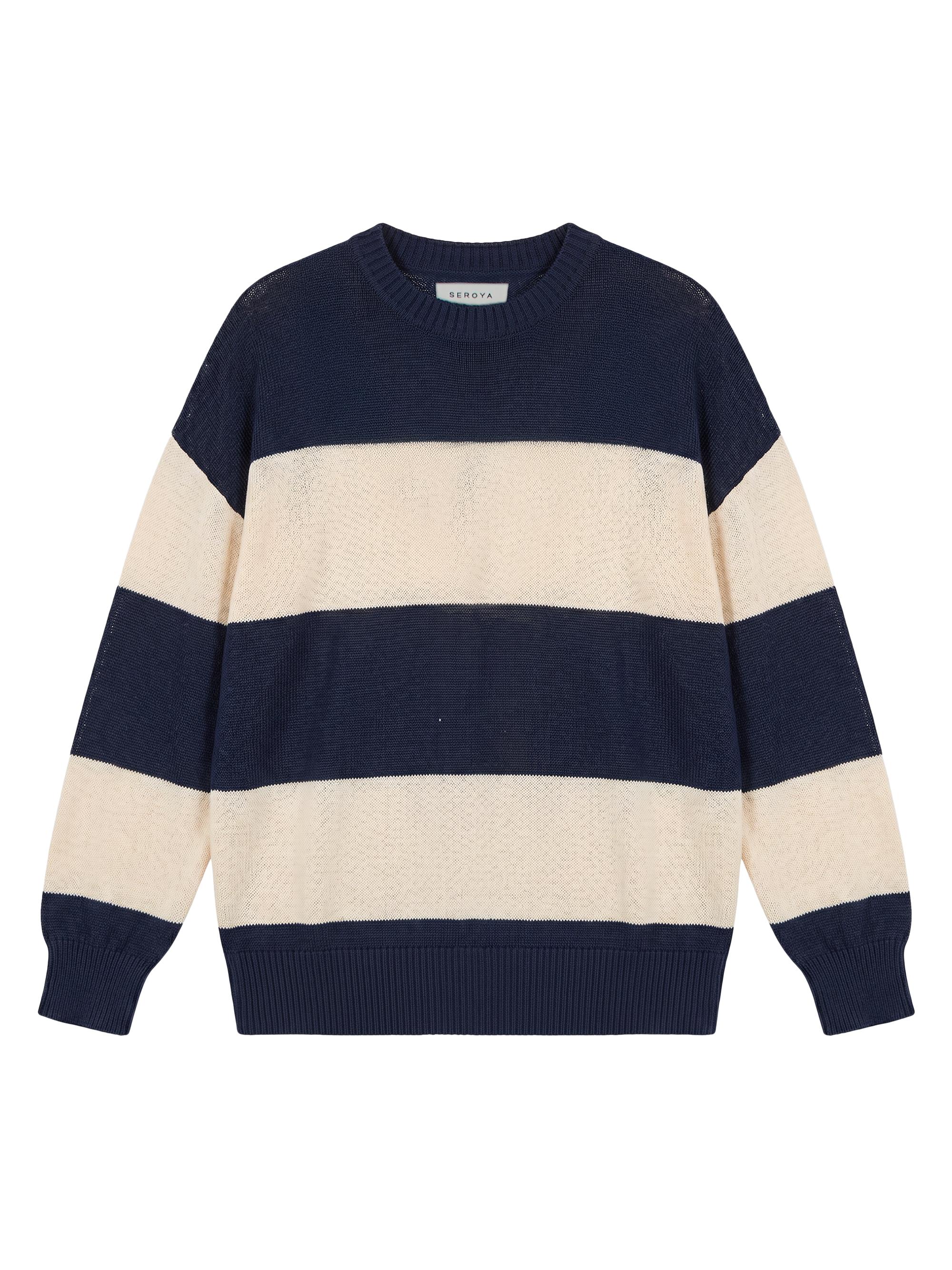 SEROYA Women's Cassian Striped Linen-Cotton Blend Sweater - Navy Eggshell