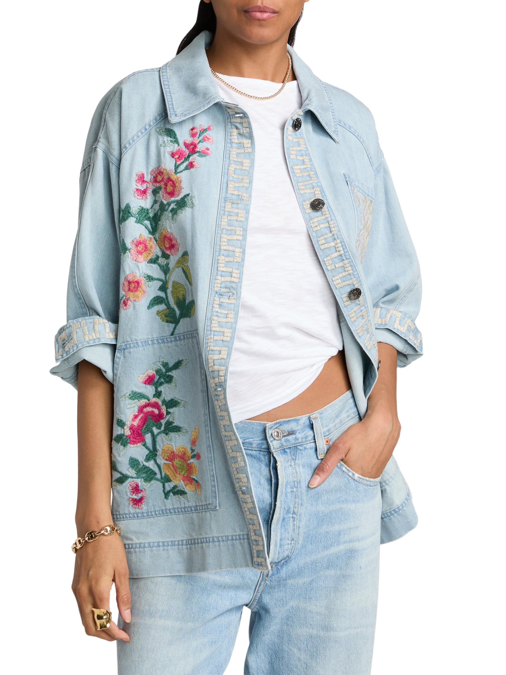 Johnny Was Sunnie Embroidered Oversized Denim Trucker Jacket