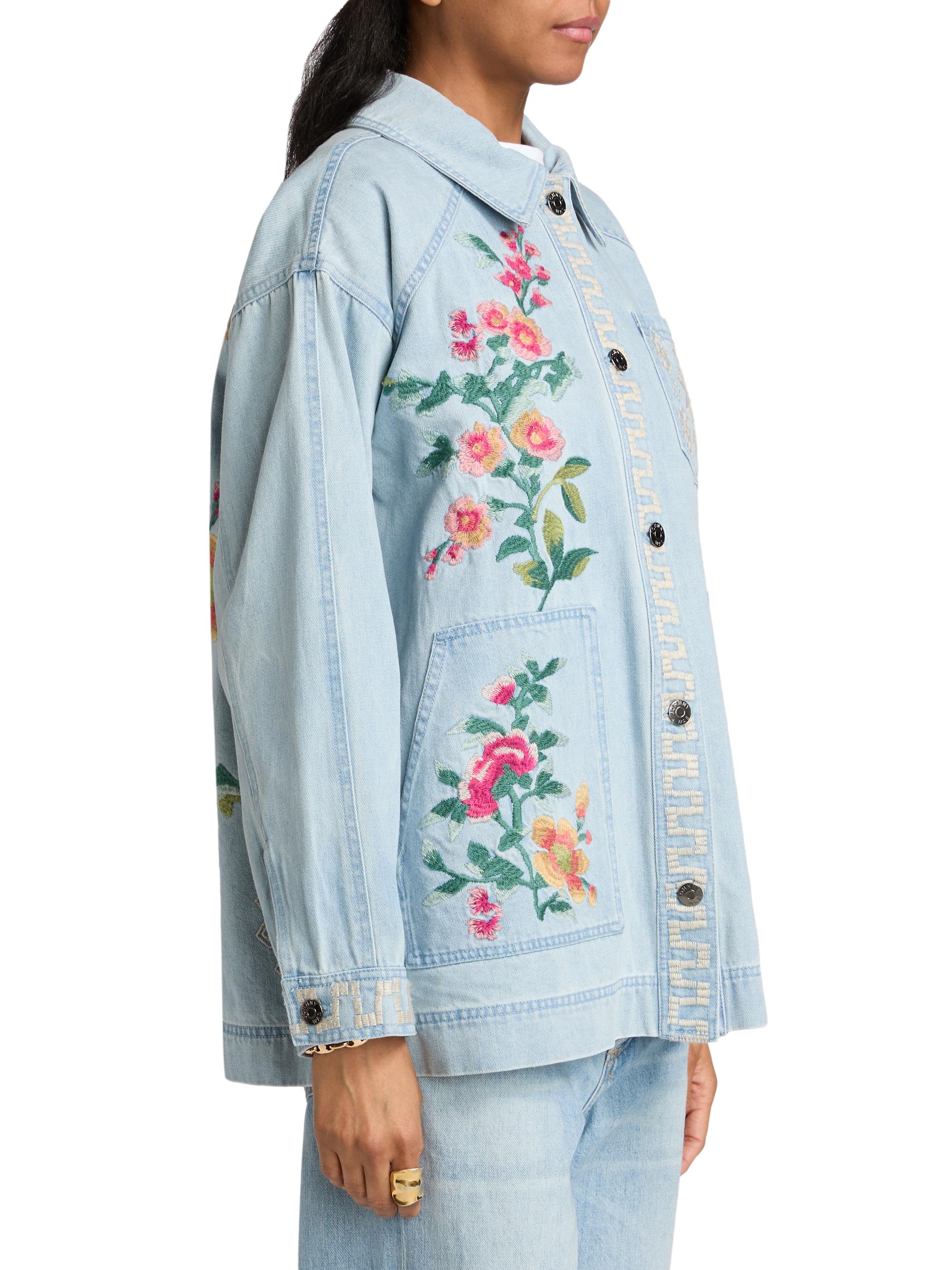 Johnny Was Sunnie Embroidered Oversized Denim Trucker Jacket