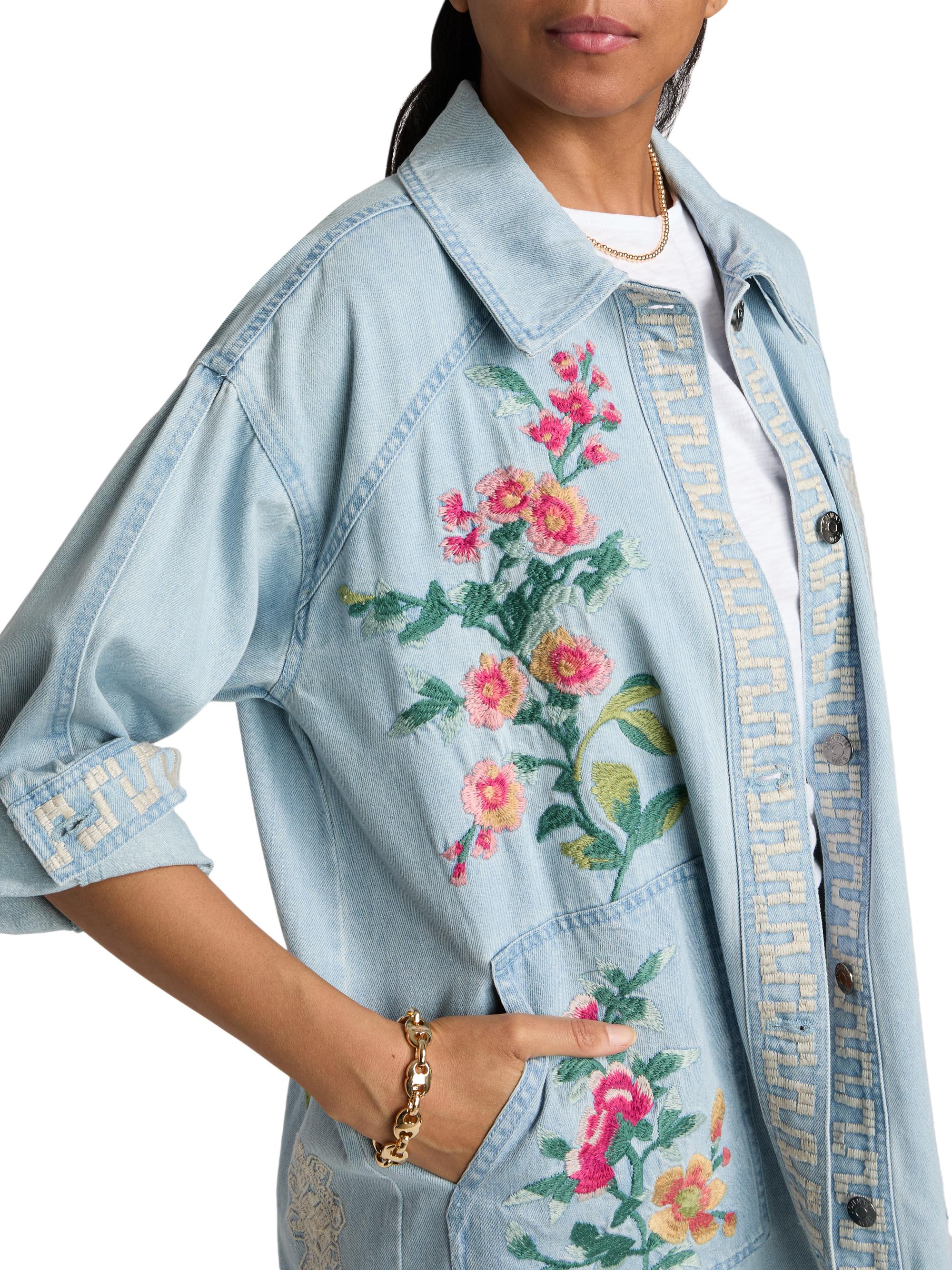 Johnny Was Sunnie Embroidered Oversized Denim Trucker Jacket
