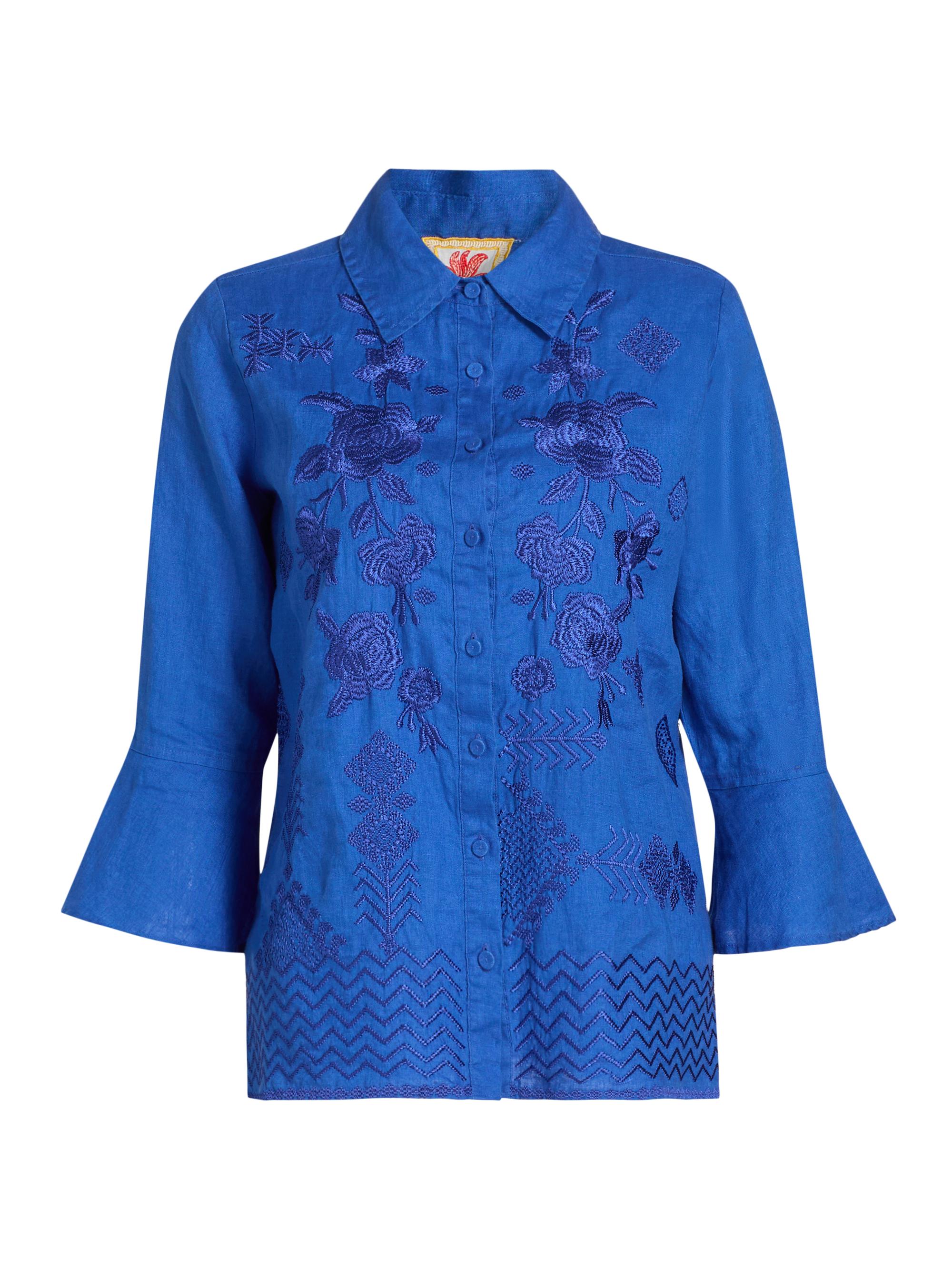 Johnny Was Women's Carmelita Embroidered Linen Ruffle Sleeve Shirt - Admiral Blue