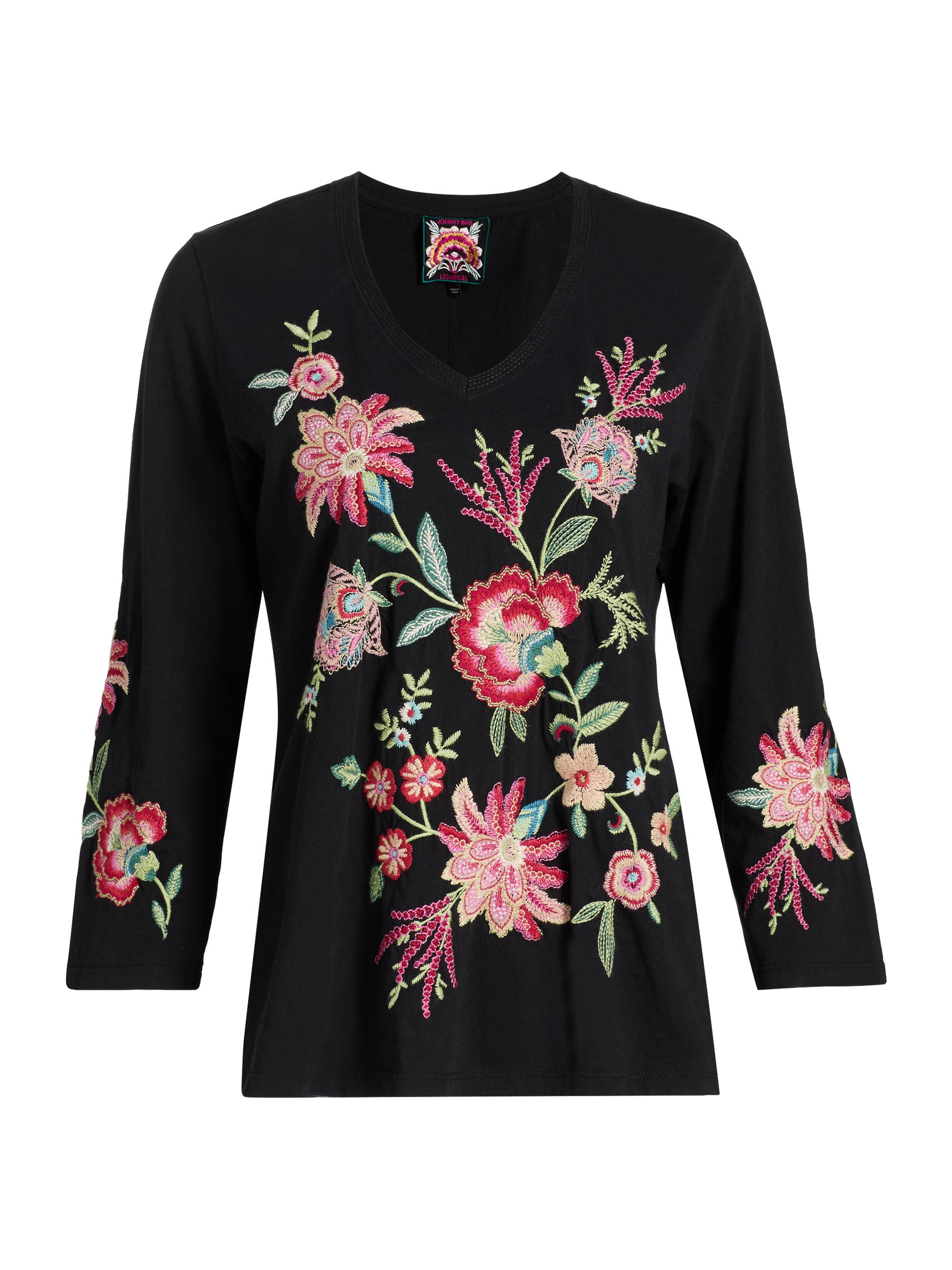 Johnny Was Women's Junie Trapunto V-Neck T-Shirt - Black