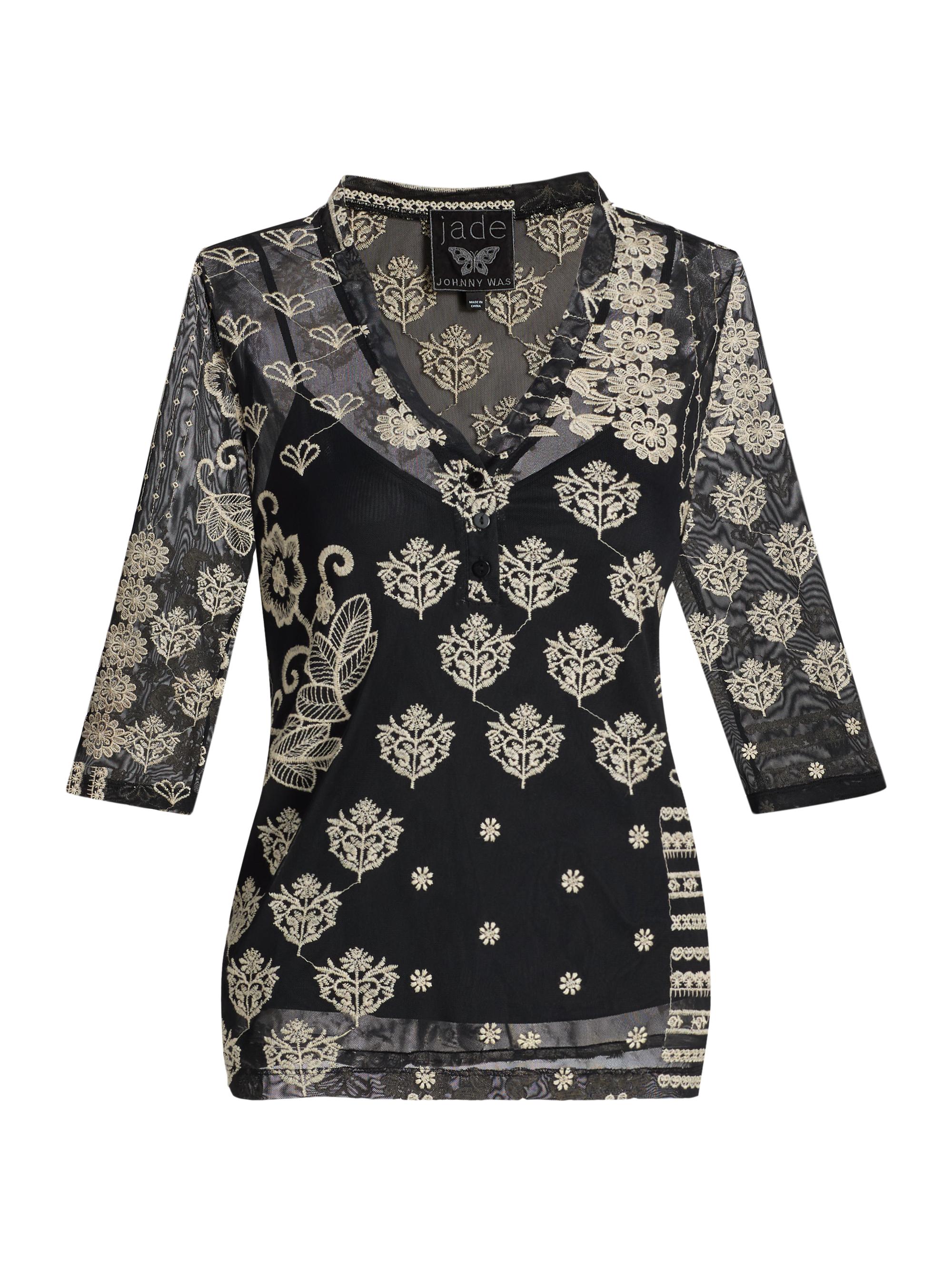 Johnny Was Women's Wilma Printed Mesh Top - Black