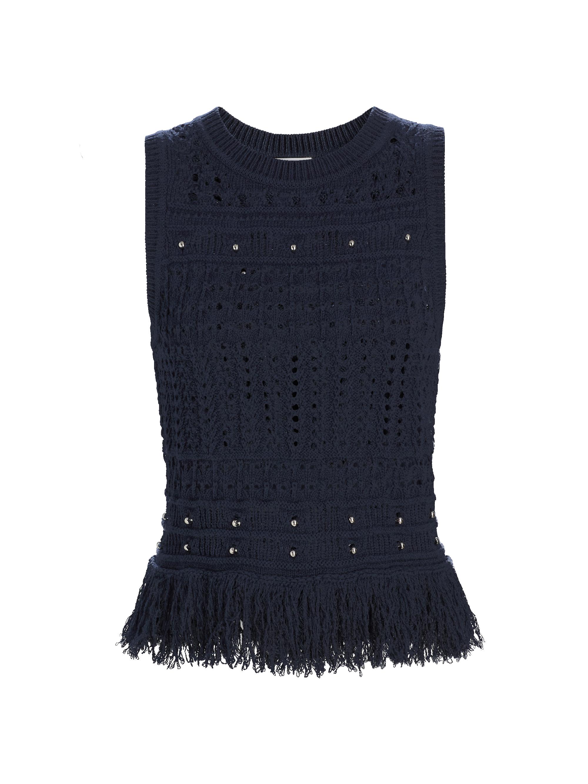 Milly Women's Beaded Fringe Knit Sleeveless Top - Navy